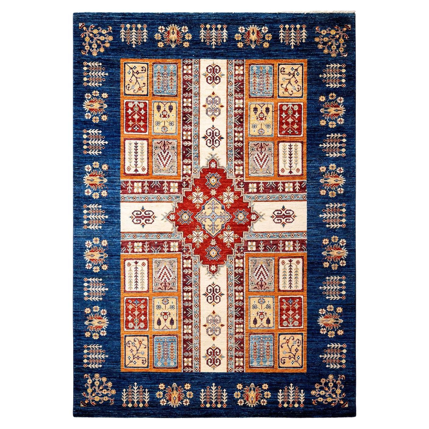 Handgeknüpfter Stammes-Teppich, ein Unikat  Blau - 5' 8 Zoll x 7' 11 Zoll im Angebot