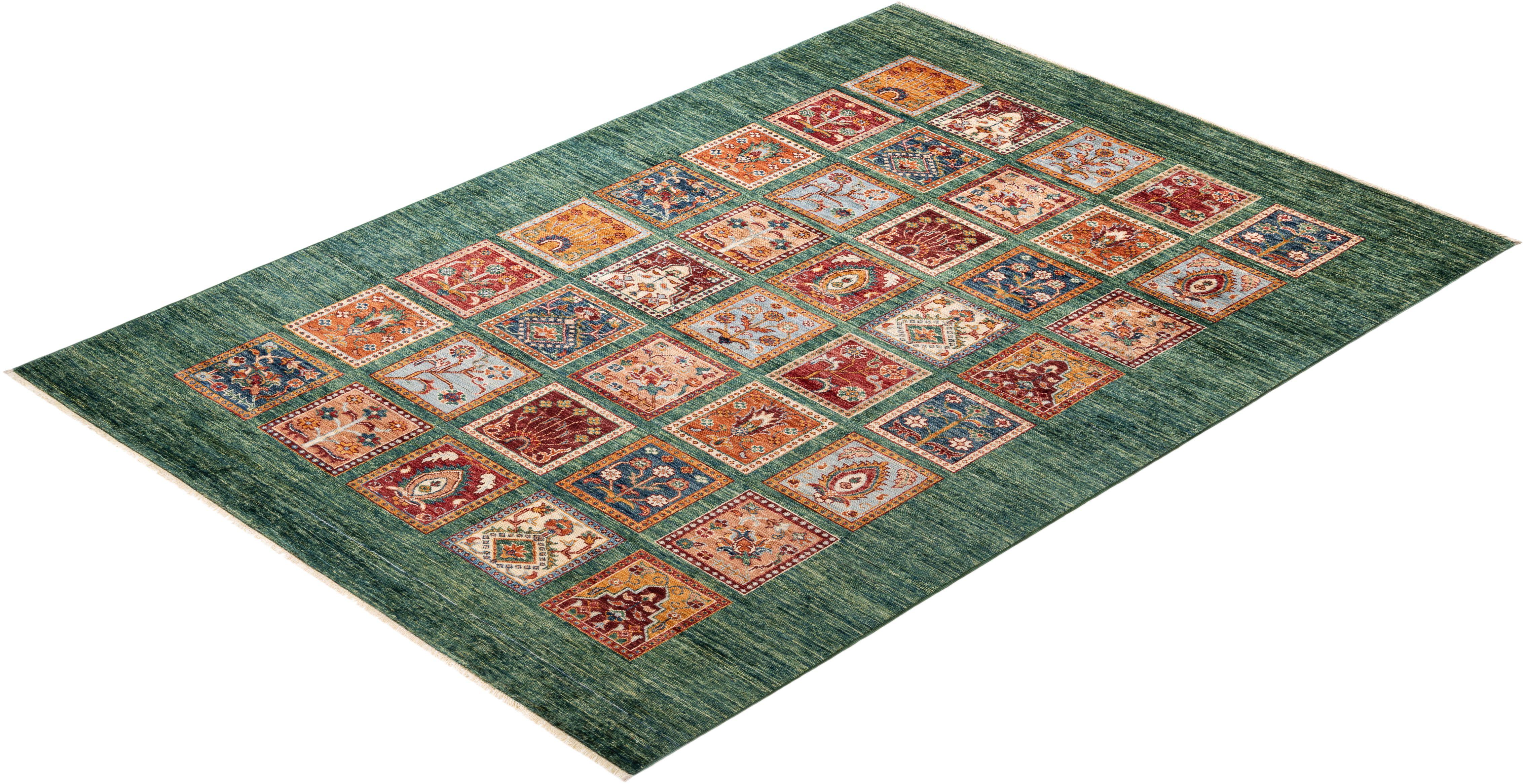 Tribal, One-of-a-kind Hand Knotted Runner Rug, Green For Sale 2