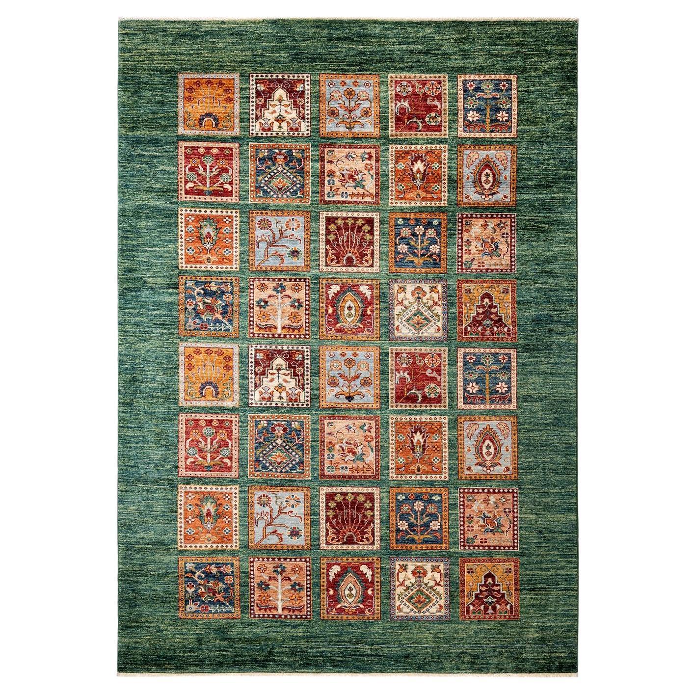 Tribal, One-of-a-kind Hand Knotted Runner Rug, Green