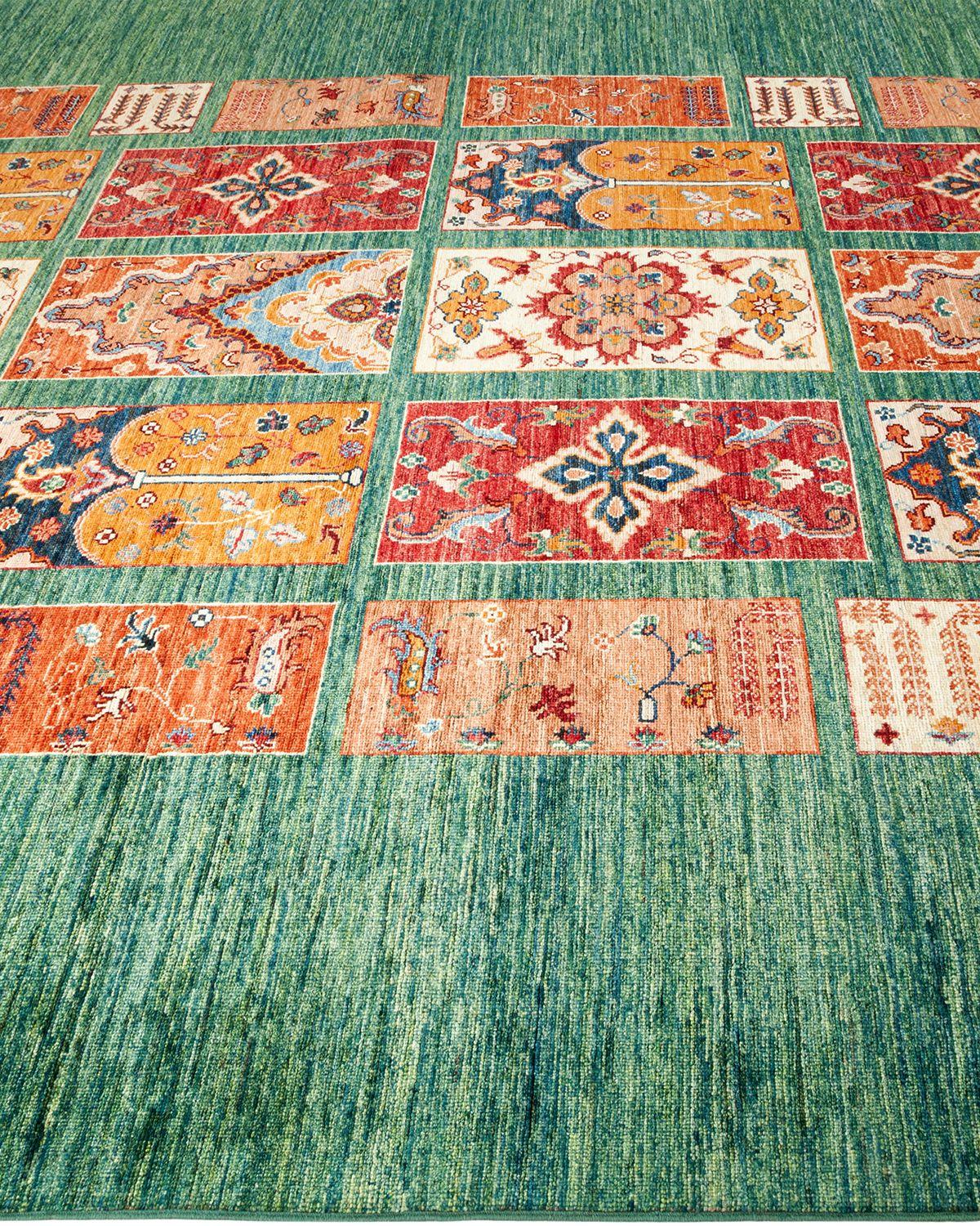 Tribal, One-of-a-Kind Hand-Knotted Runner Rug, Green In New Condition For Sale In Norwalk, CT