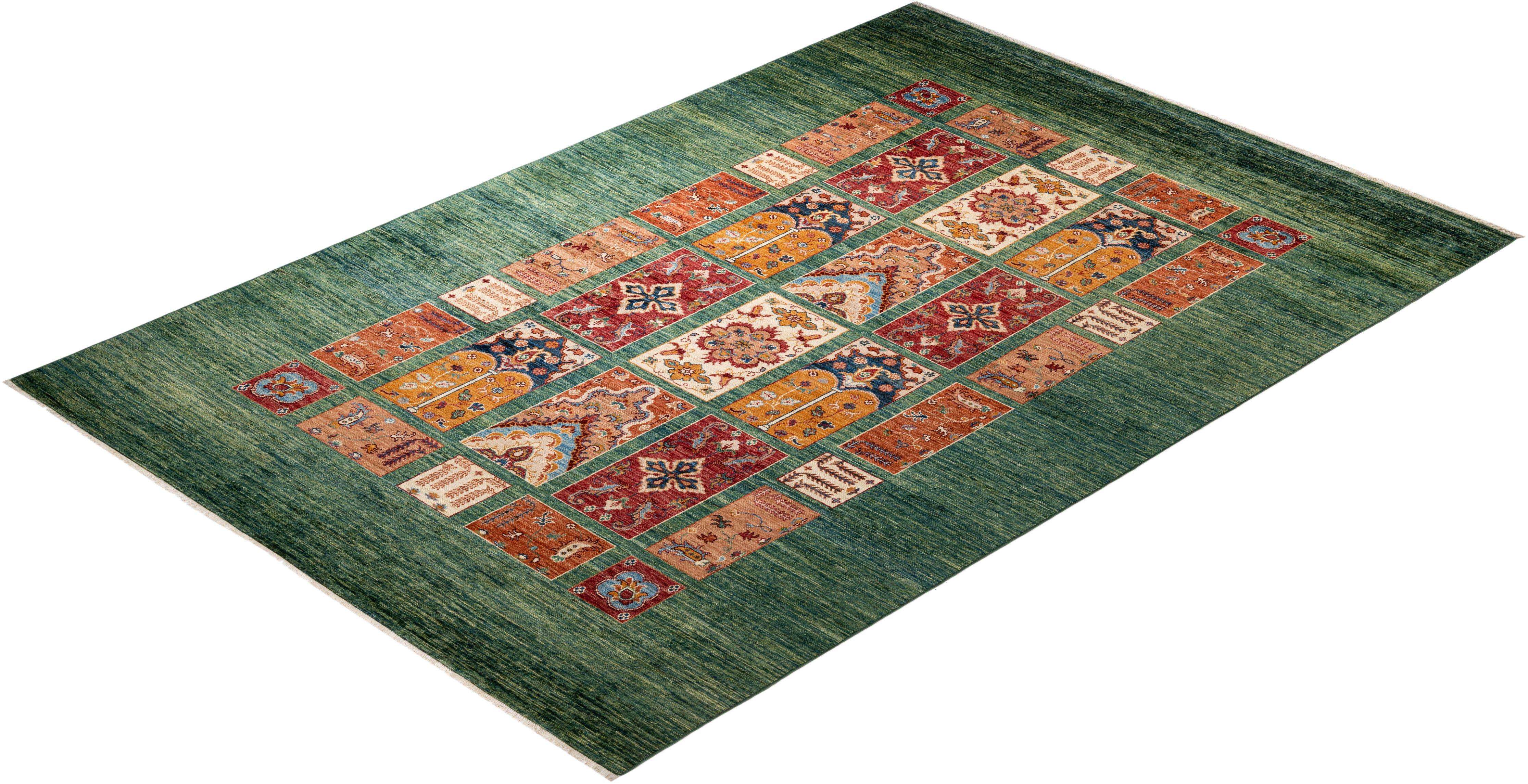 Tribal, One-of-a-Kind Hand-Knotted Runner Rug, Green For Sale 2