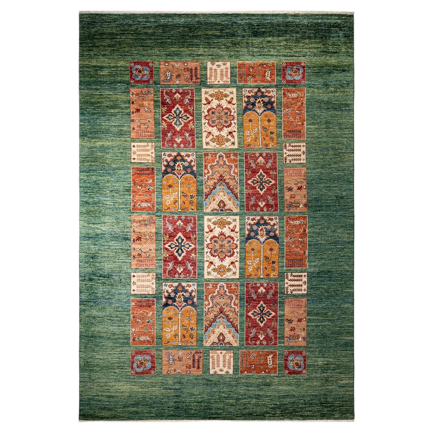 Tribal, One-of-a-Kind Hand-Knotted Runner Rug, Green For Sale