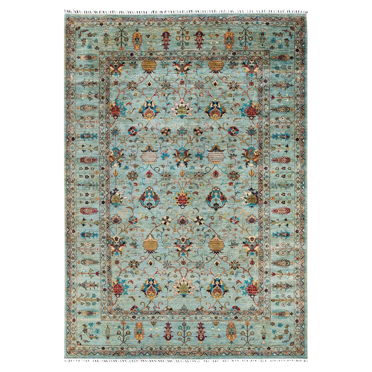 Tribal, Oneofakind Hand Knotted Runner Rug, Green For Sale at 1stDibs