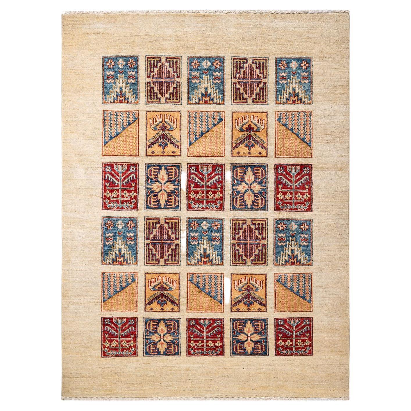 Handgeknüpfter Stammes-Teppich, ein Unikat  Elfenbeinfarben, 4' 10" x 6' 7"