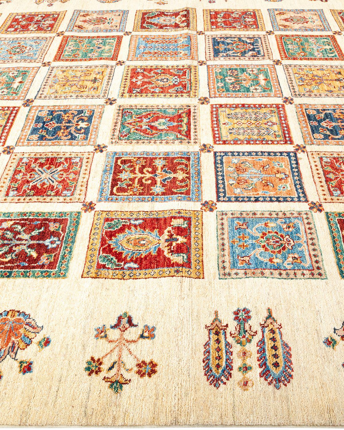 Tribal, One-of-a-Kind Hand-Knotted Runner Rug, Ivory In New Condition For Sale In Norwalk, CT