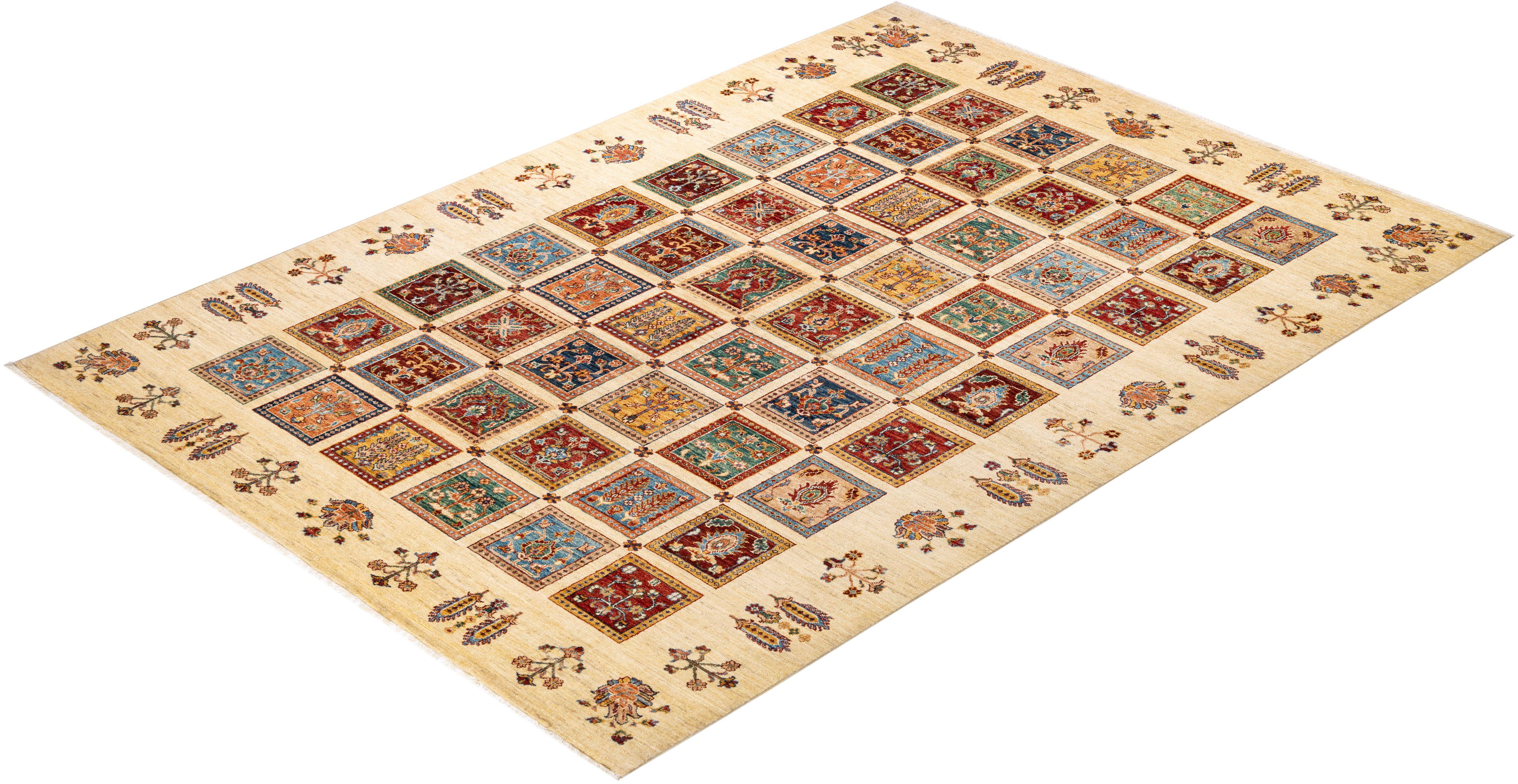 Handgeknüpfter Stammes-Teppich, ein Unikat  Elfenbeinfarben, 7' 0