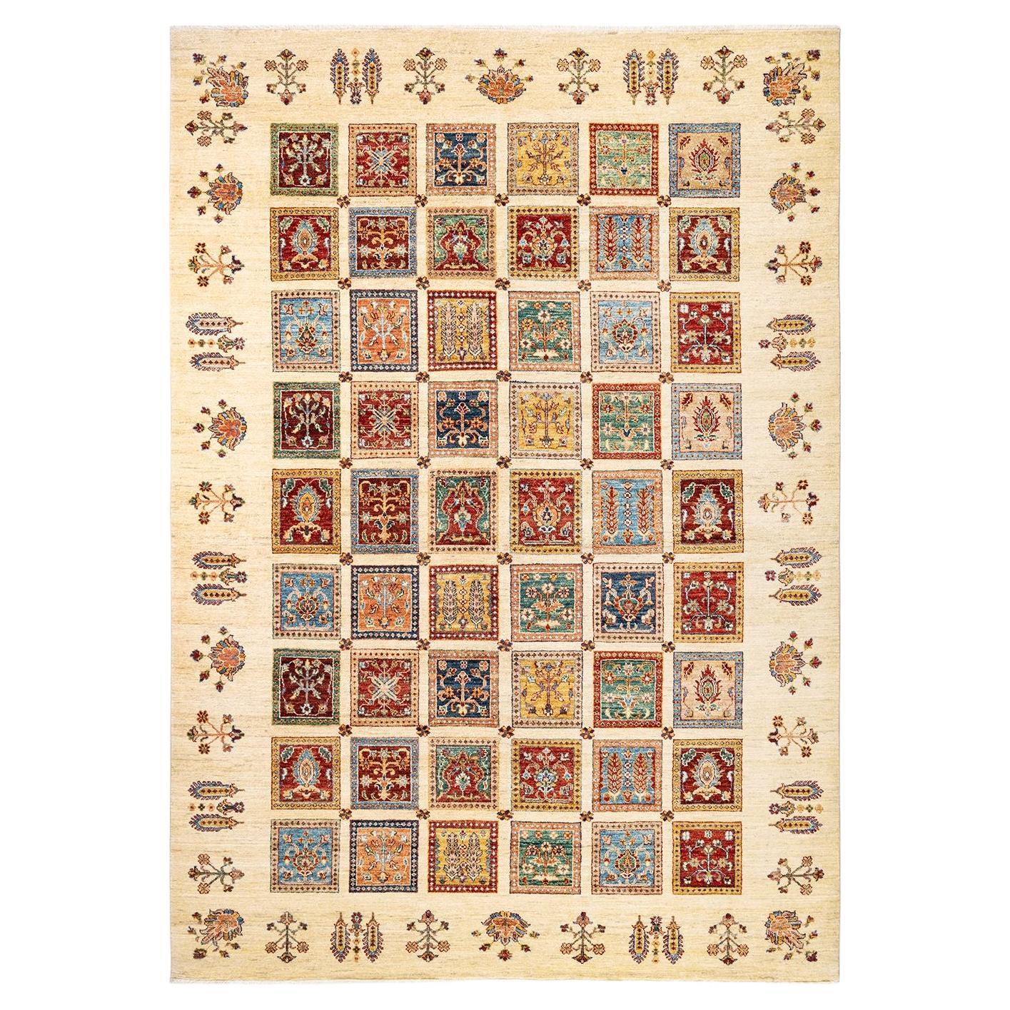 Tribal, One-of-a-Kind Hand-Knotted Runner Rug, Ivory For Sale