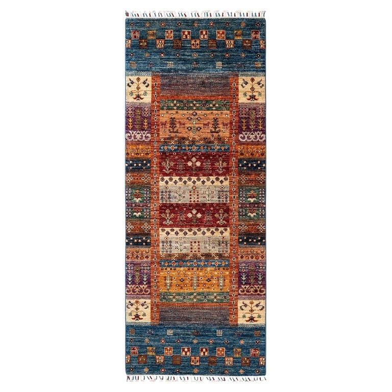 Tribal, One-of-a-kind Hand Knotted Runner Rug, Light Blue For Sale at ...