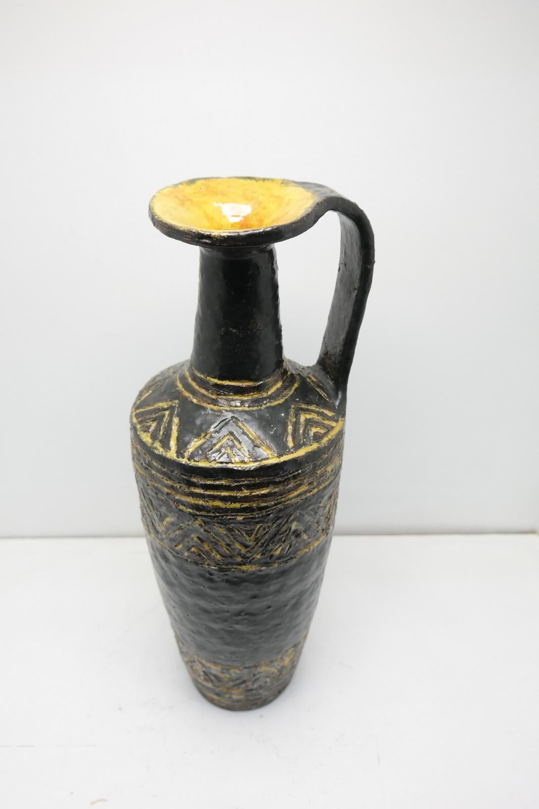Mid-Century Modern Tribal Patterned, Jug Handle Ceramic Vase by Lendvay