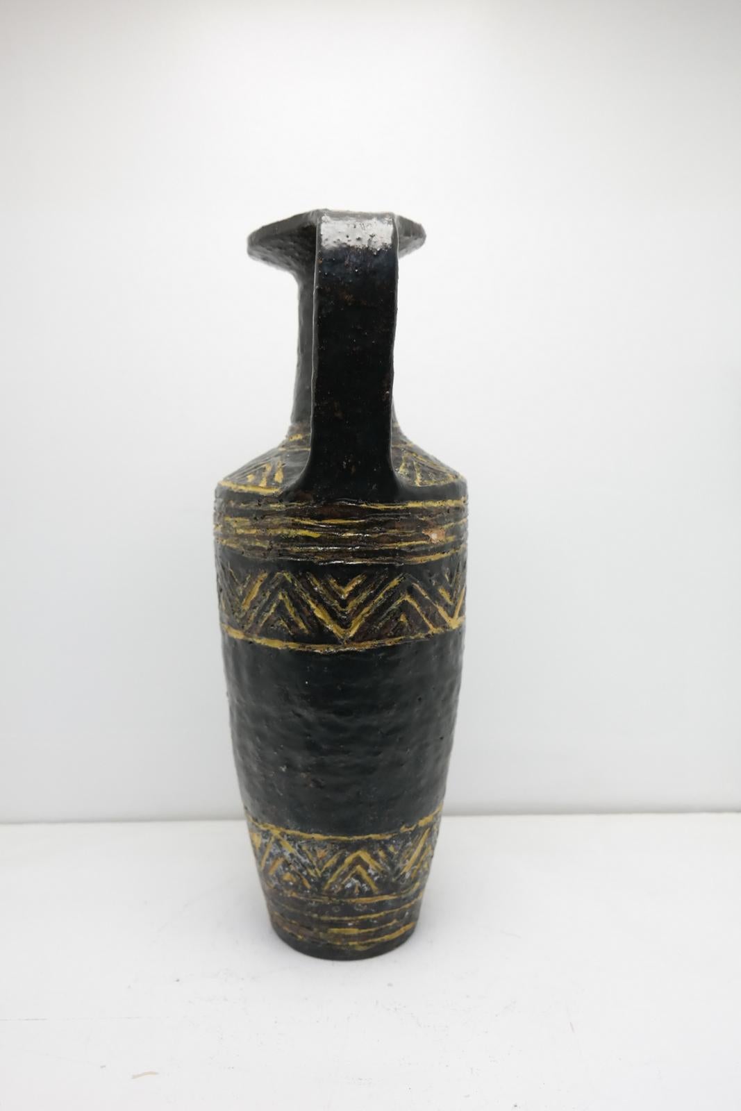 European Tribal Patterned, Jug Handle Ceramic Vase by Lendvay