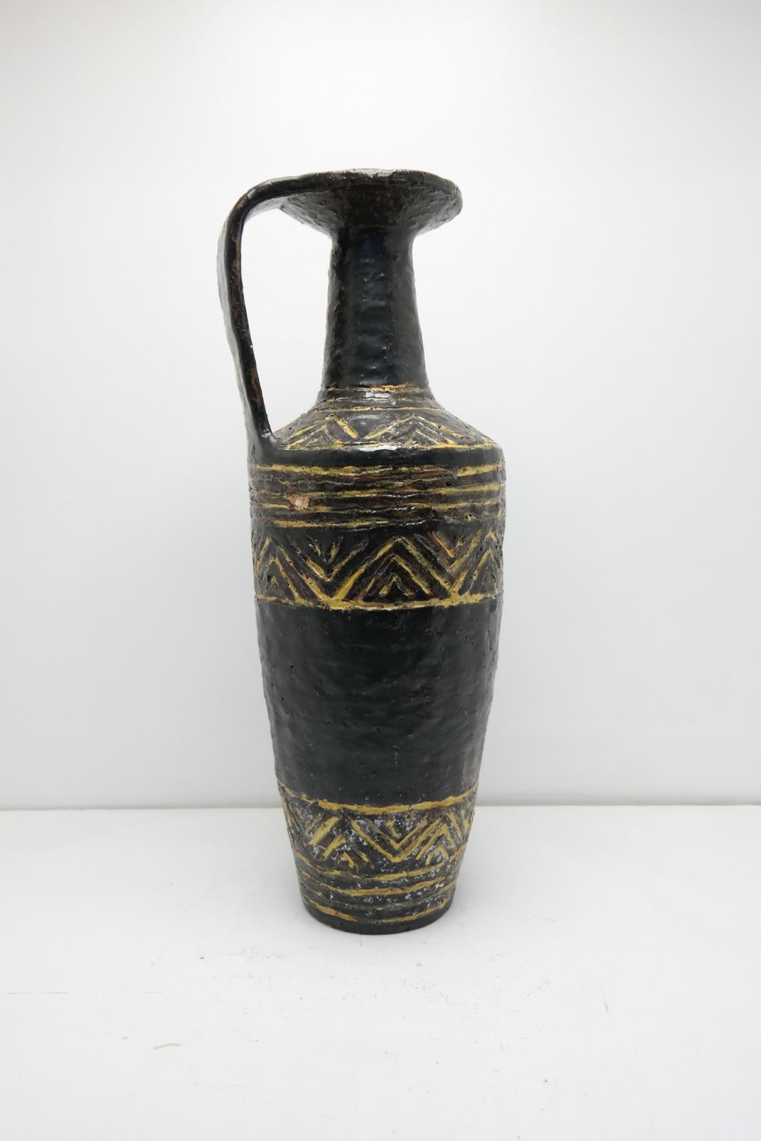 Tribal Patterned, Jug Handle Ceramic Vase by Lendvay In Good Condition In Budapest, HU