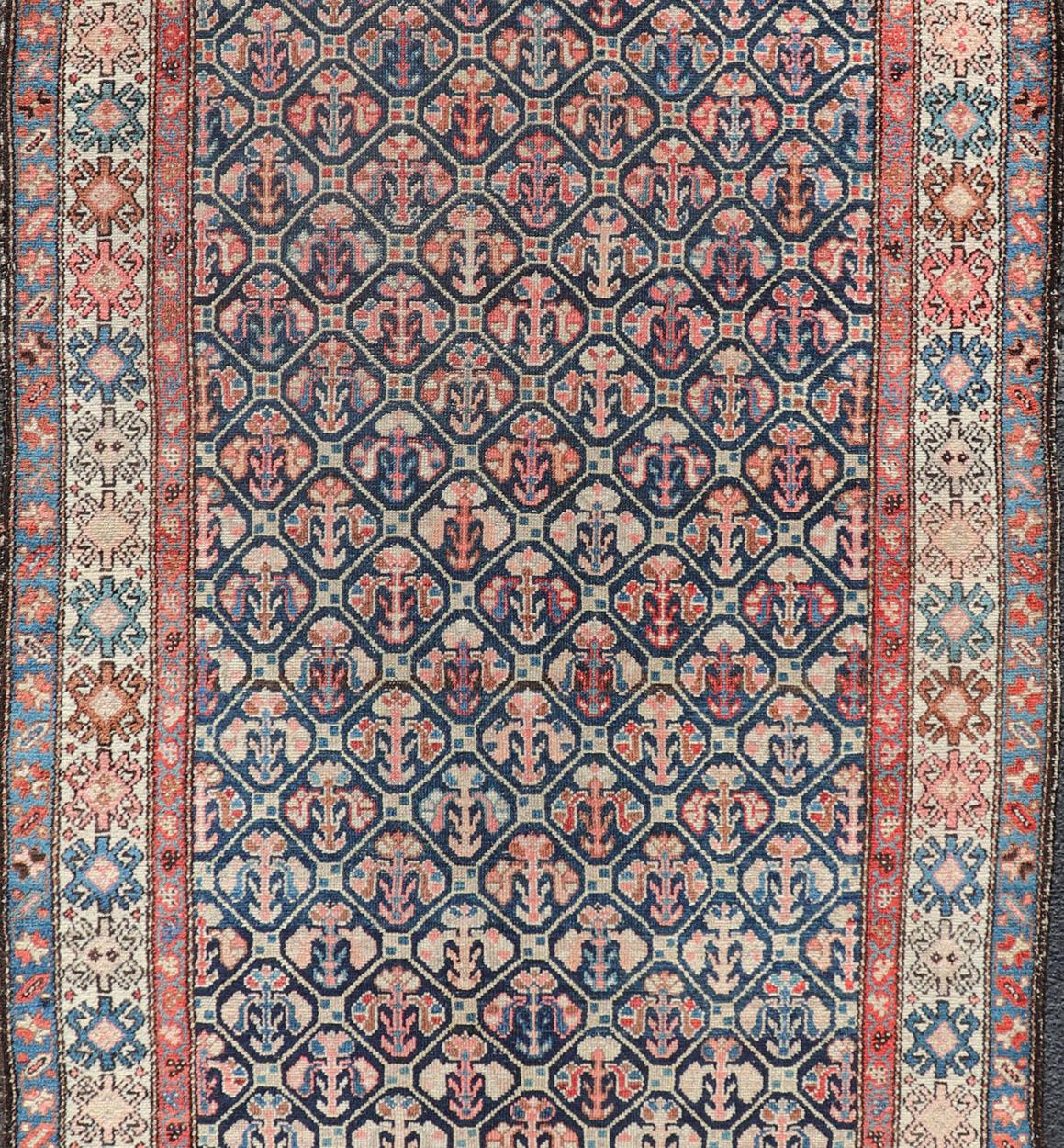 Malayer Tribal Persian Antique Hamedan Fine Rug in Blue, Red, Brown, and Ivory For Sale