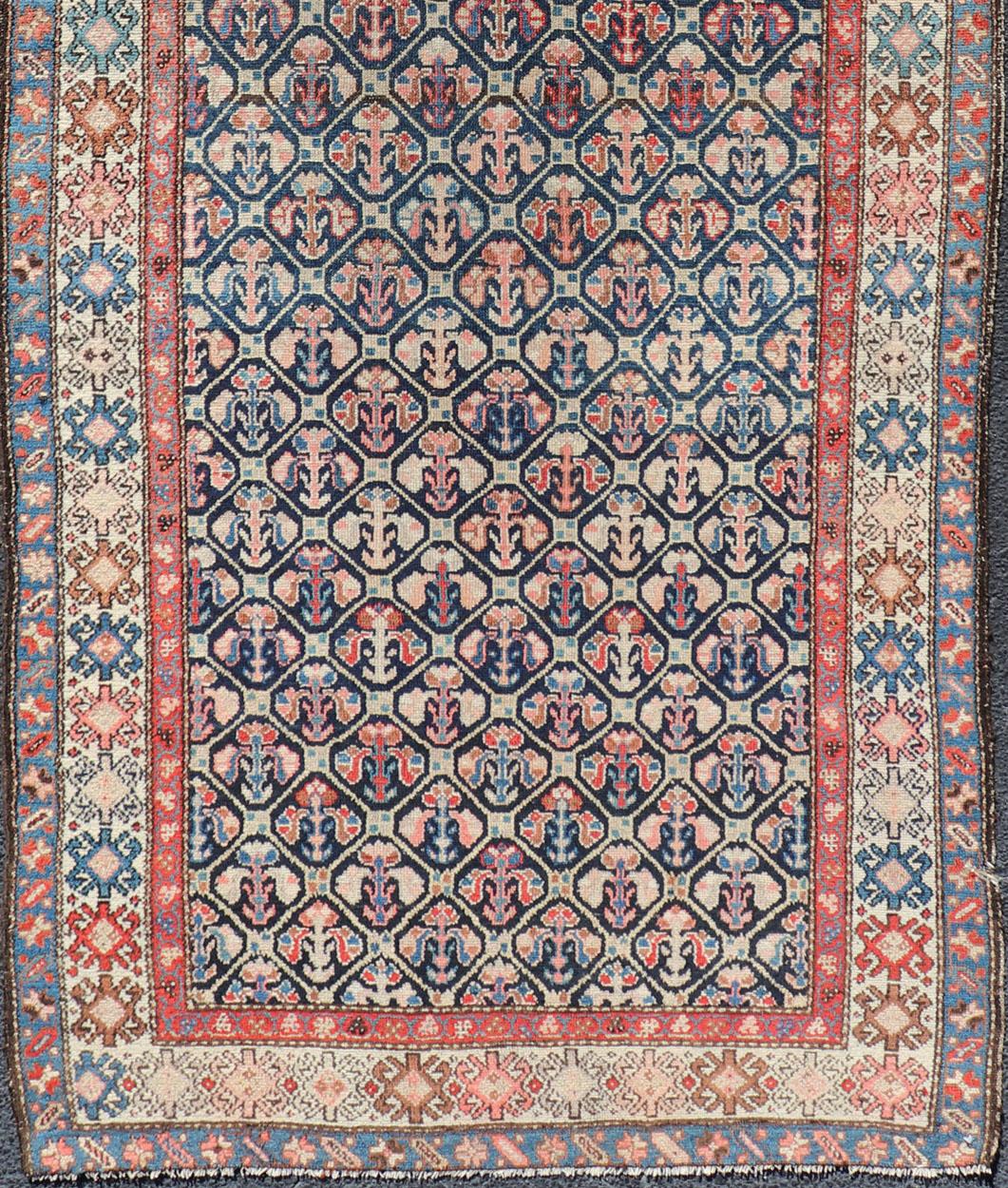 Hand-Knotted Tribal Persian Antique Hamedan Fine Rug in Blue, Red, Brown, and Ivory For Sale