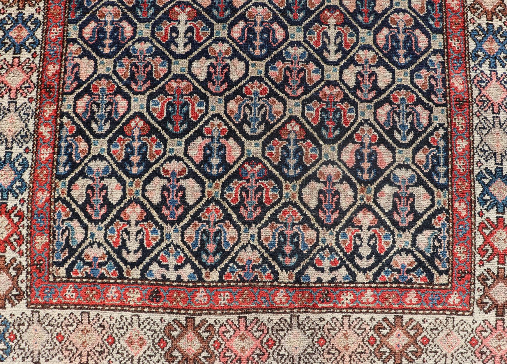 Tribal Persian Antique Hamedan Fine Rug in Blue, Red, Brown, and Ivory In Good Condition For Sale In Atlanta, GA