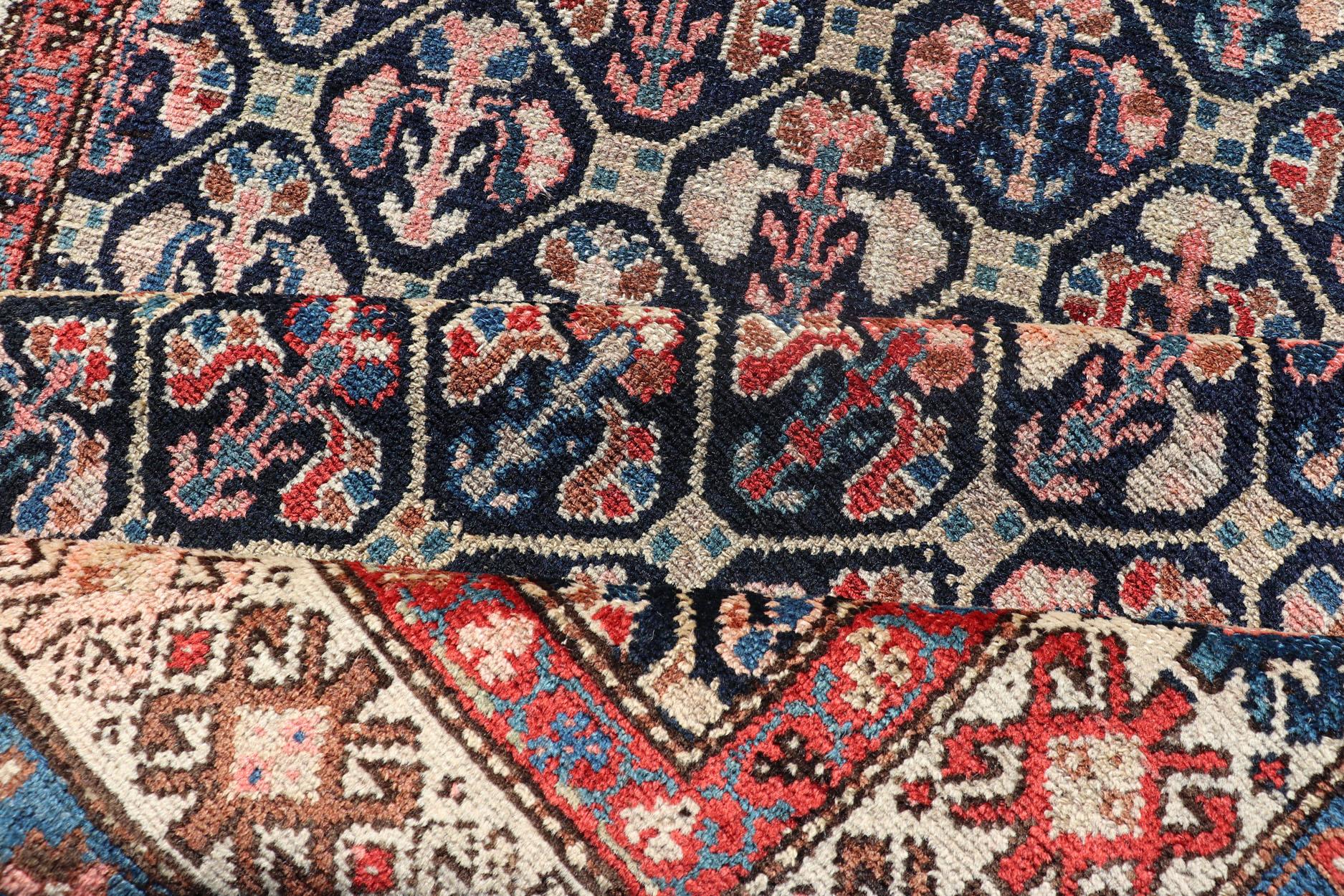 20th Century Tribal Persian Antique Hamedan Fine Rug in Blue, Red, Brown, and Ivory For Sale