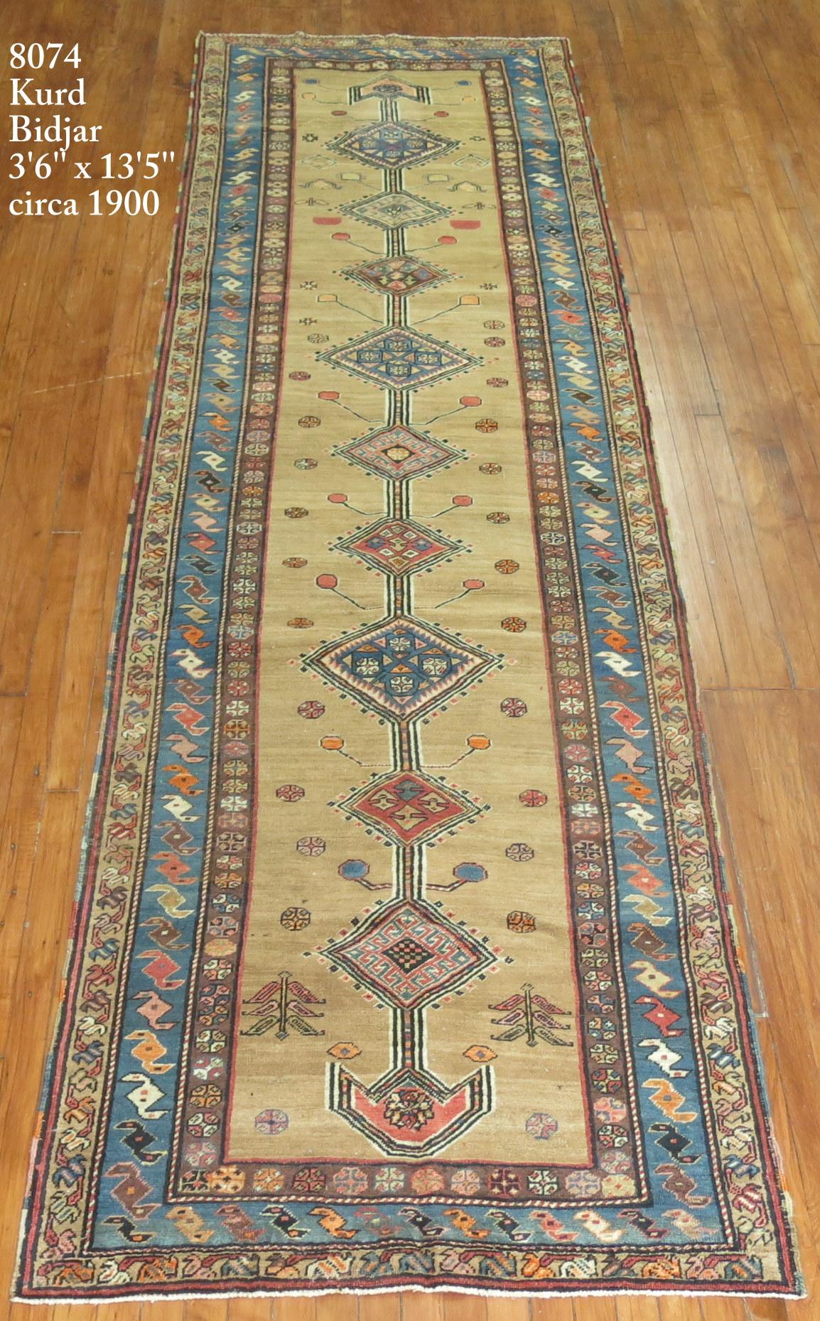 Wool Tribal Persian Kurd Bidjar Runner For Sale