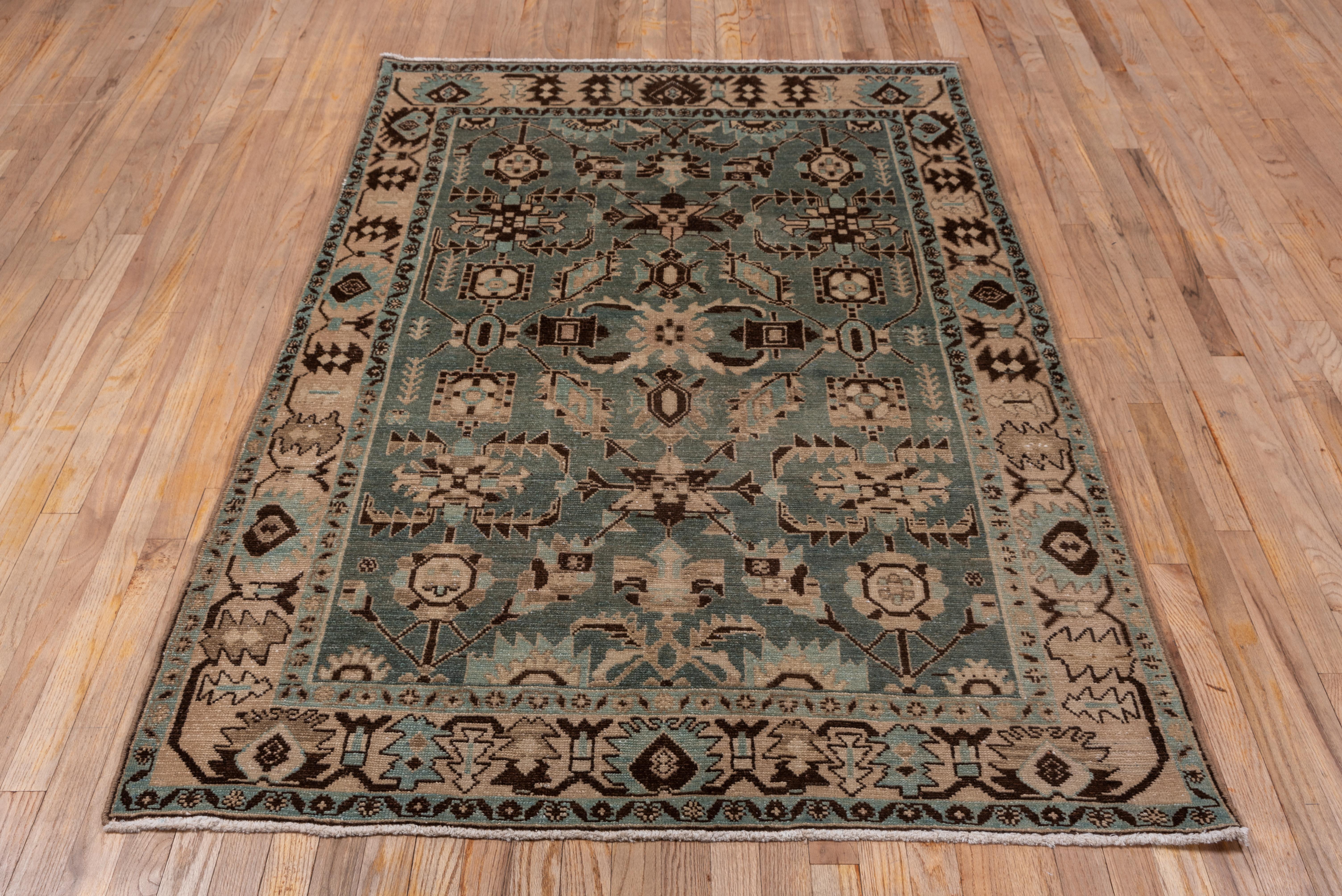 Dark brown makes this popular Malayer pattern of squares, octagons, oblique rhomboids and symmetric palmettes sharply stand out against the grey-green field. The straw border shows jagged palmettes with pale blue accents.