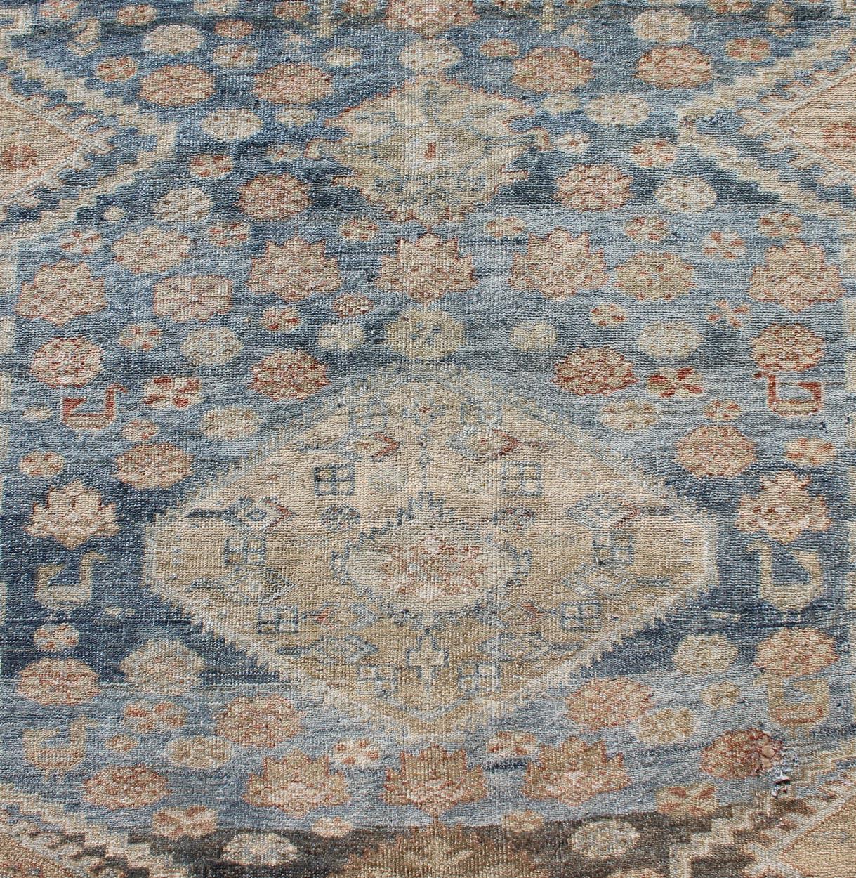 Tribal Persian Malayer Rug with Geometric Design in Steel Blue and Tan Tones 4