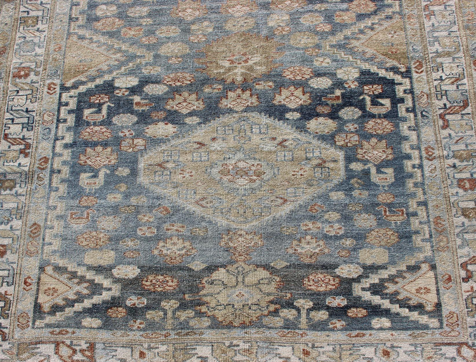 Tribal Persian Malayer Rug with Geometric Design in Steel Blue and Tan Tones 5