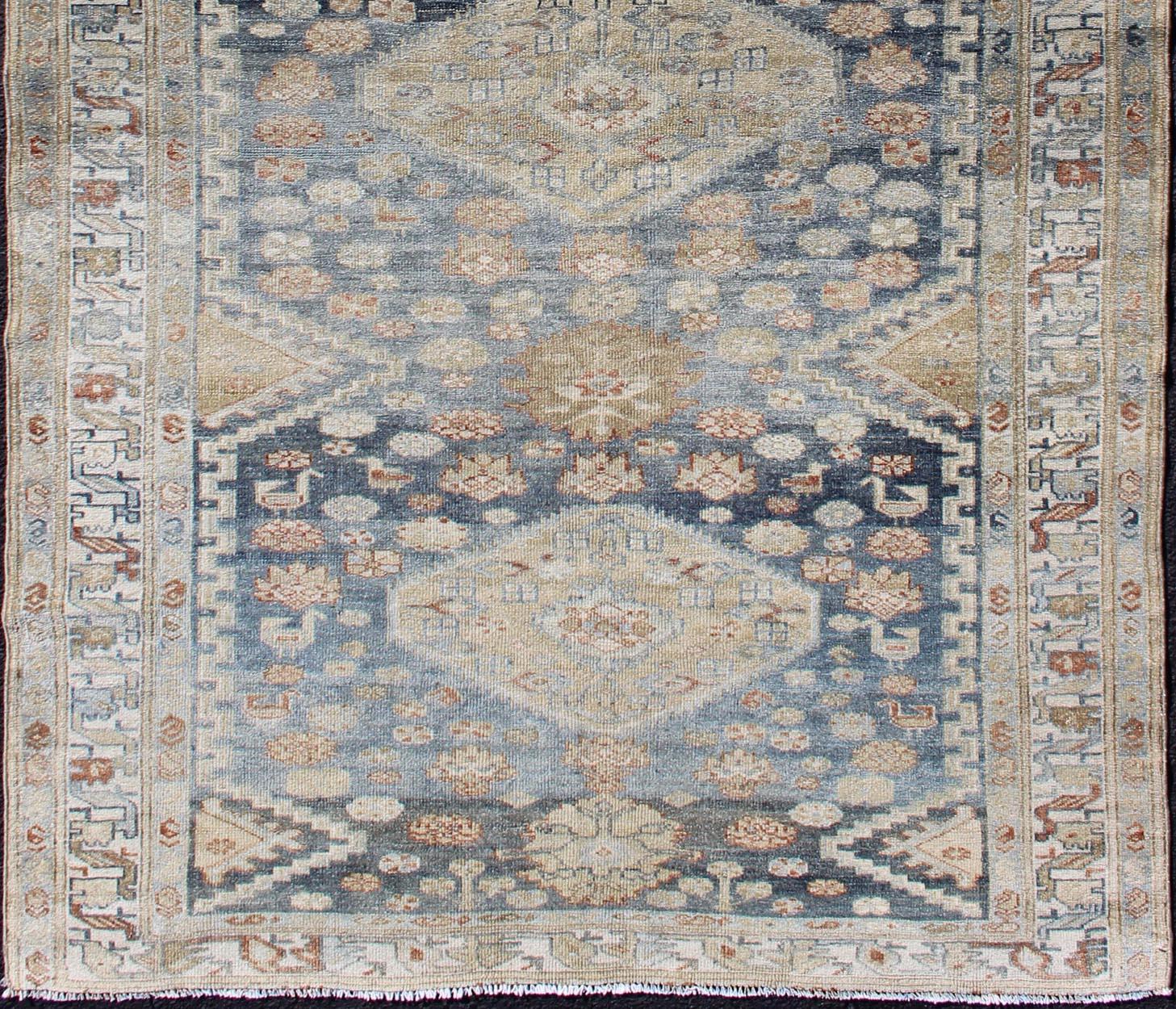 Hand-Knotted Tribal Persian Malayer Rug with Geometric Design in Steel Blue and Tan Tones