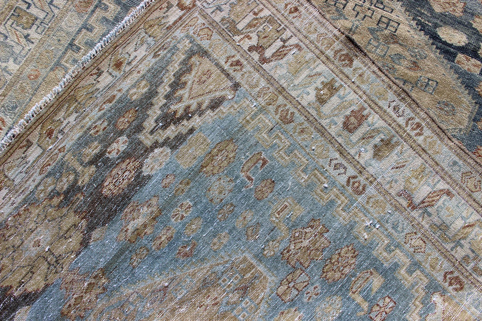 Early 20th Century Tribal Persian Malayer Rug with Geometric Design in Steel Blue and Tan Tones