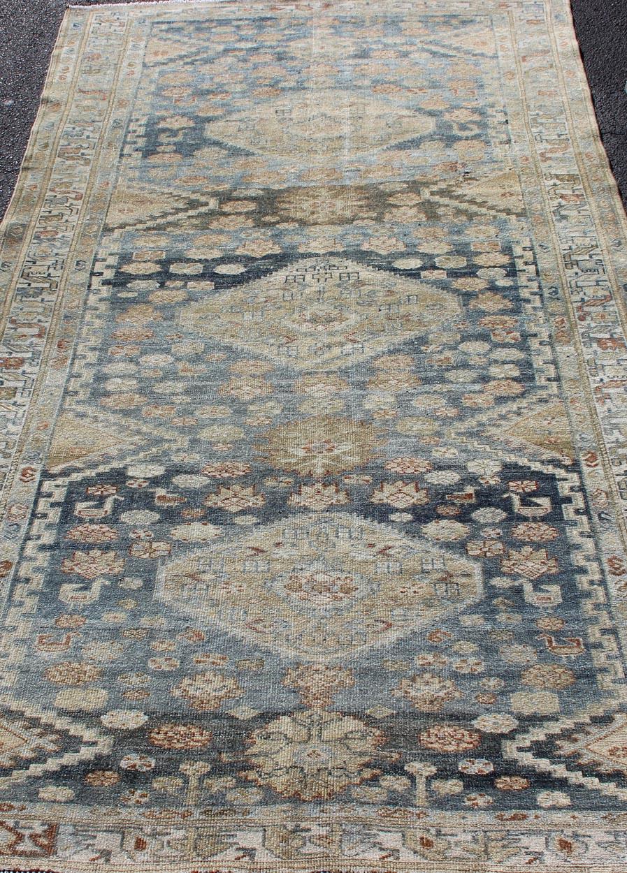 Tribal Persian Malayer Rug with Geometric Design in Steel Blue and Tan Tones 1