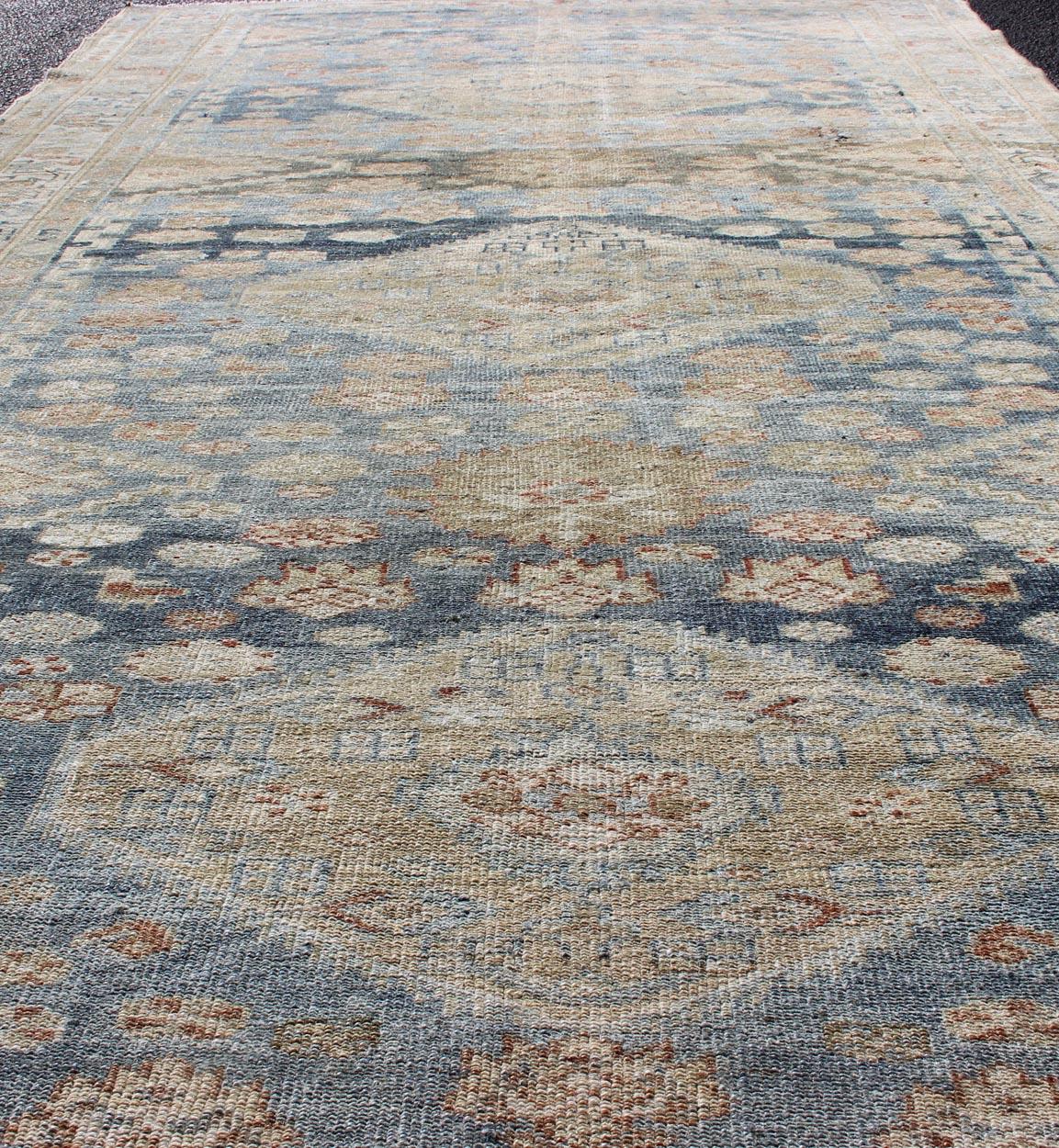 Tribal Persian Malayer Rug with Geometric Design in Steel Blue and Tan Tones 2
