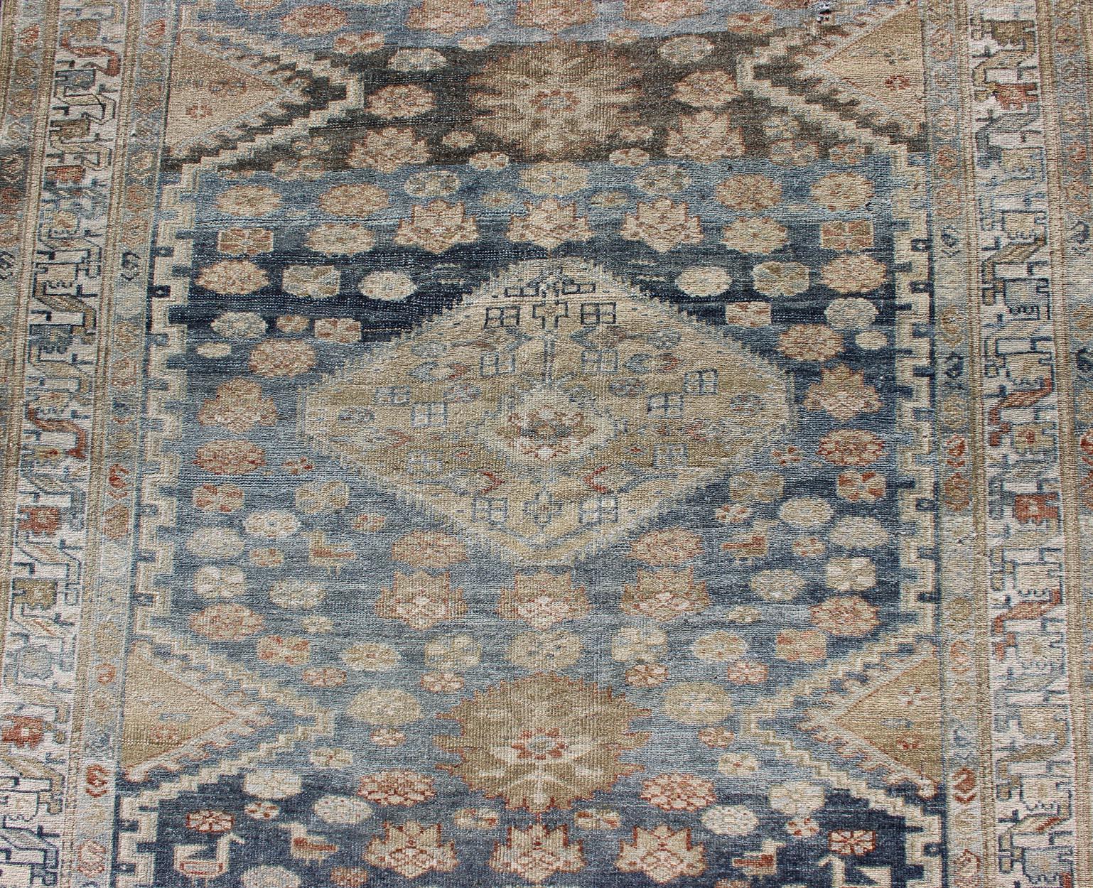 Tribal Persian Malayer Rug with Geometric Design in Steel Blue and Tan Tones 3