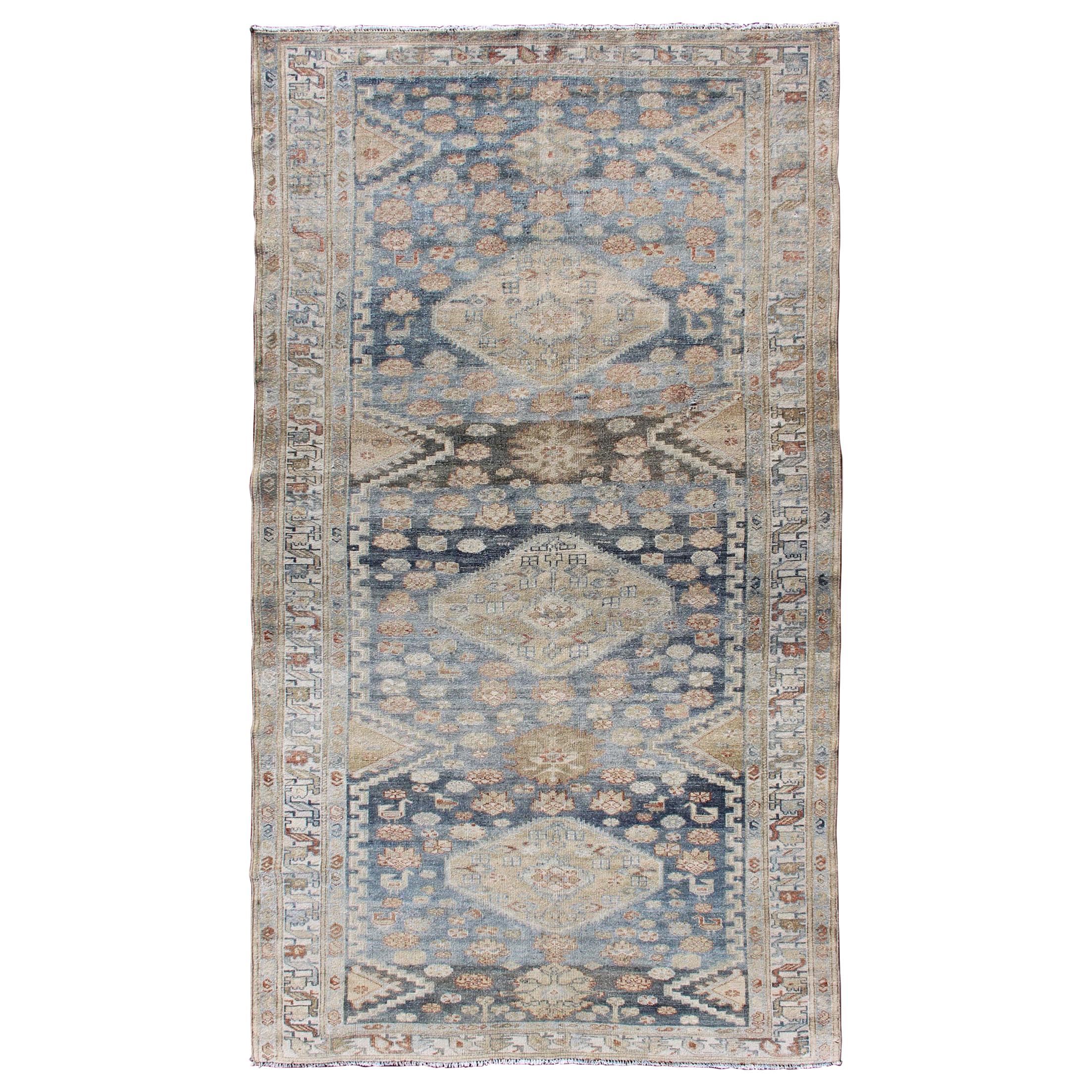 Tribal Persian Malayer Rug with Geometric Design in Steel Blue and Tan Tones