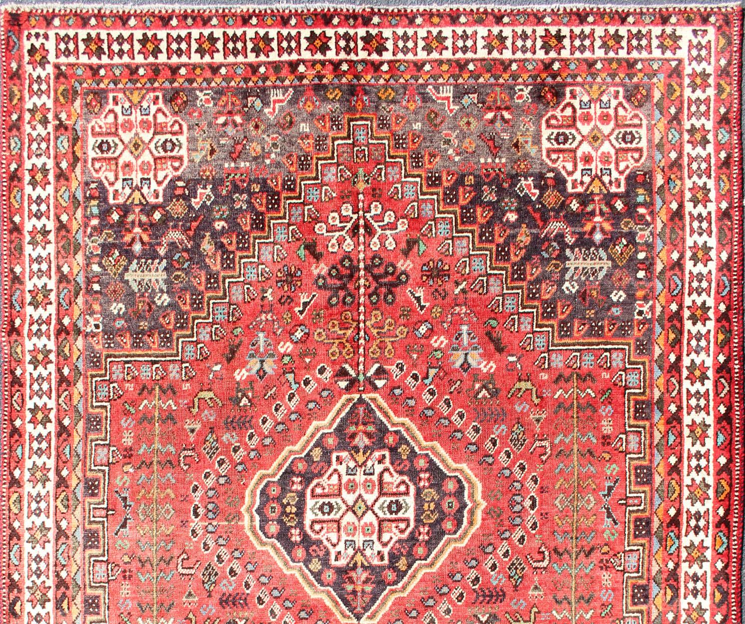 Hand-Knotted Tribal Persian Vintage Shiraz Rug with Medallions 