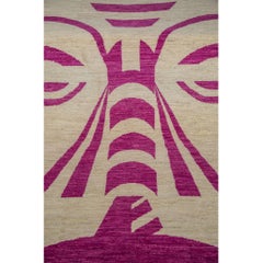 Tribal Pink - Unique Modern Cream Geometric Wool Rug w/ Pink Tribal Face Rustic