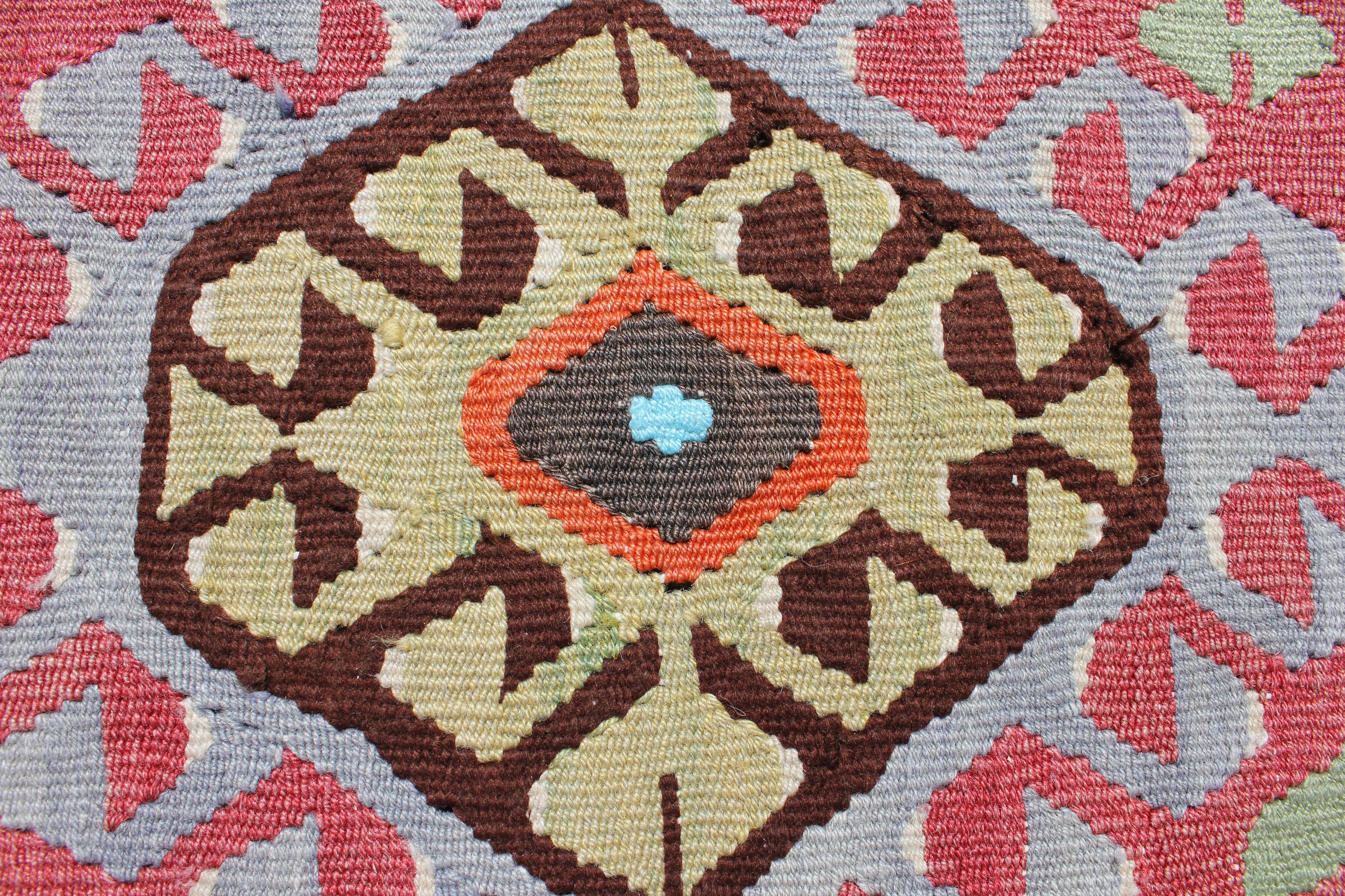 Tribal Print Wool Turkish Kilim with Red, Brown, and Blue Tones In Excellent Condition In Houston, TX