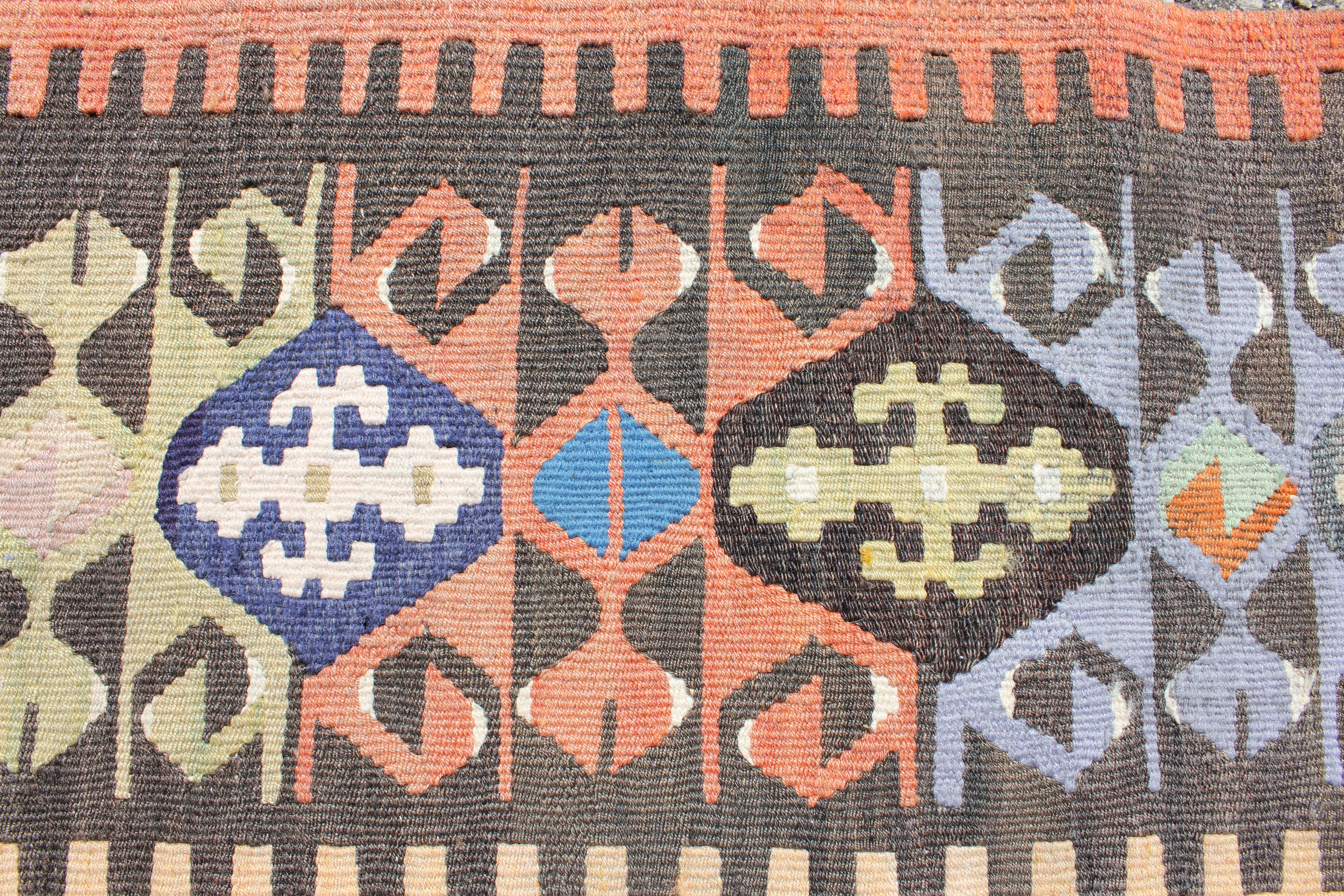 Tribal Print Wool Turkish Kilim with Red, Brown, and Blue Tones 1