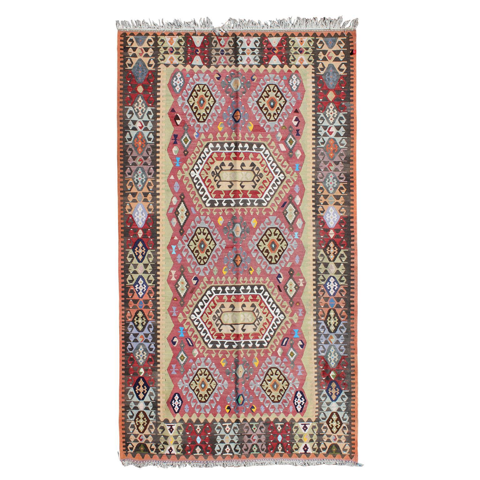 Tribal Print Wool Turkish Kilim with Red, Brown, and Blue Tones