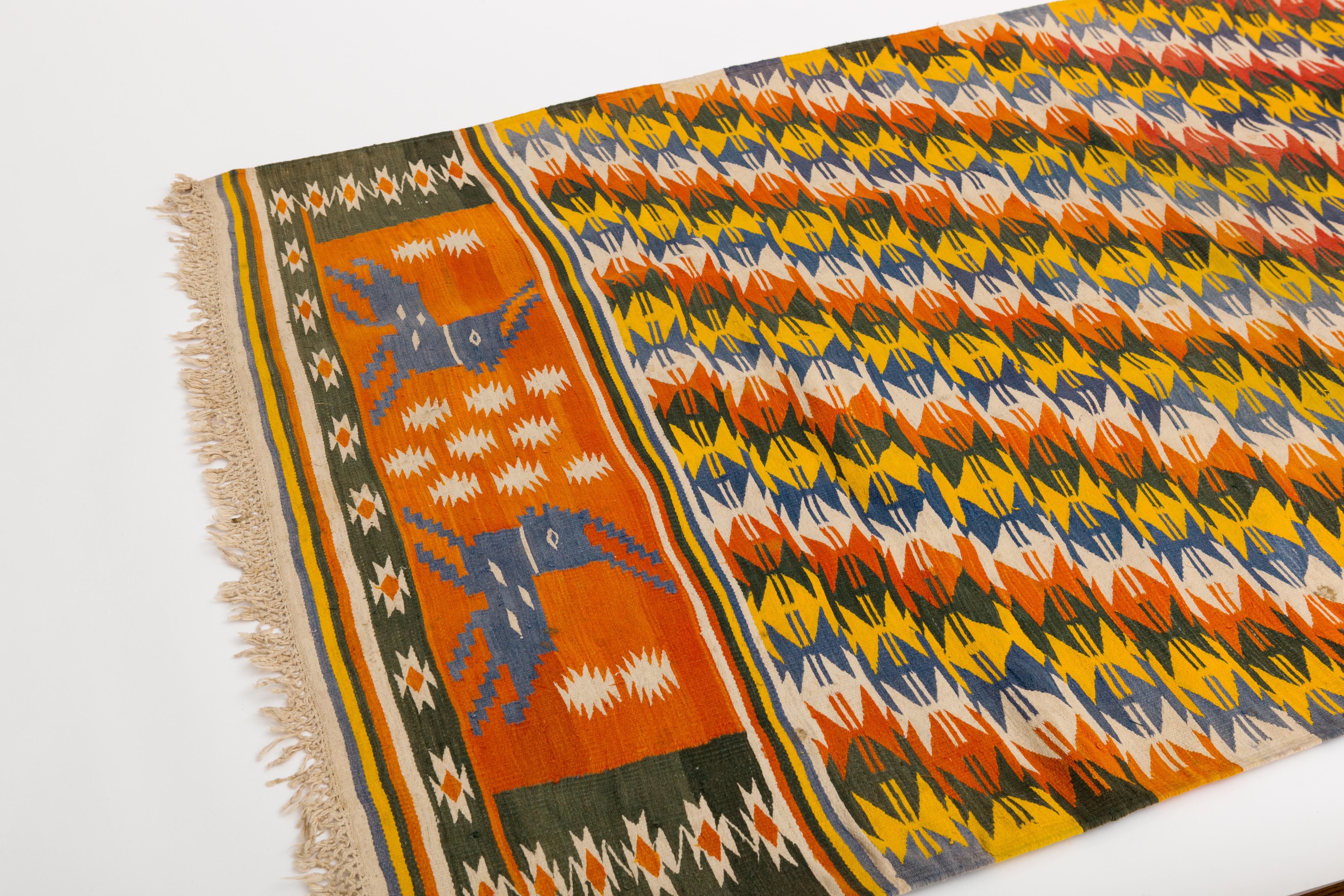 Folk Art Tribal Rajasthani Multi-Color Indian Cotton Dhurrie Rug with Deer Motif For Sale