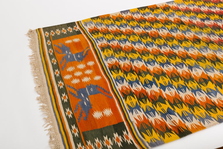 Tribal Rajasthani MultiColor Indian Cotton Dhurrie Rug with Deer Motif