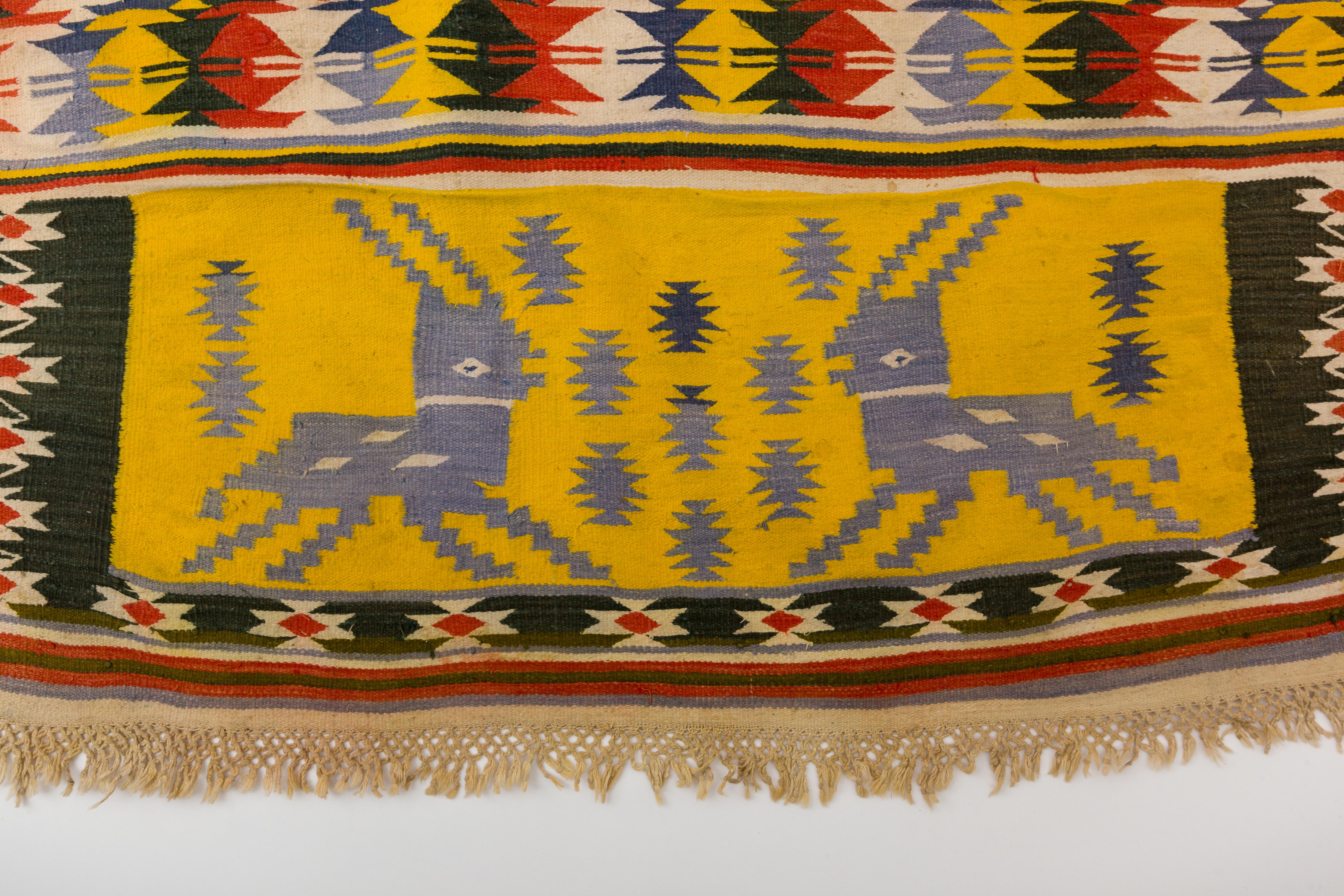 20th Century Tribal Rajasthani Multi-Color Indian Cotton Dhurrie Rug with Deer Motif For Sale