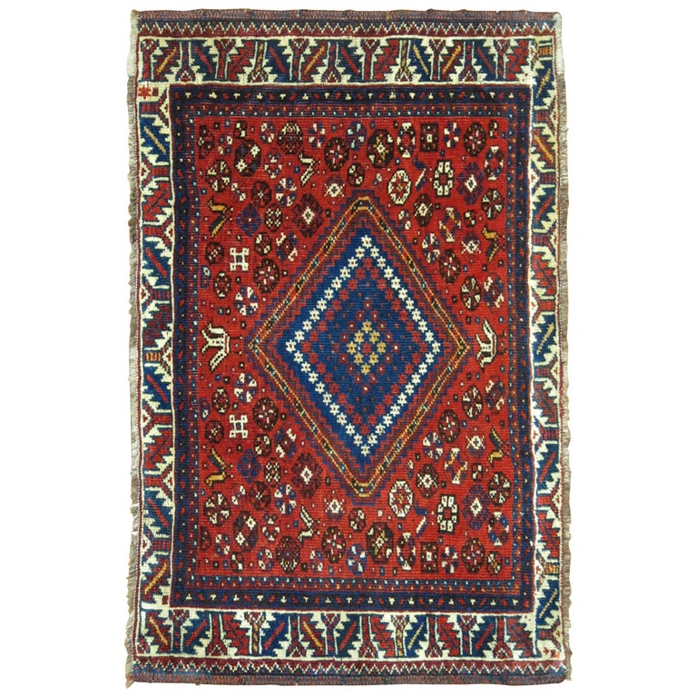 Tribal Red Blue Antique Persian Mat For Sale at 1stDibs
