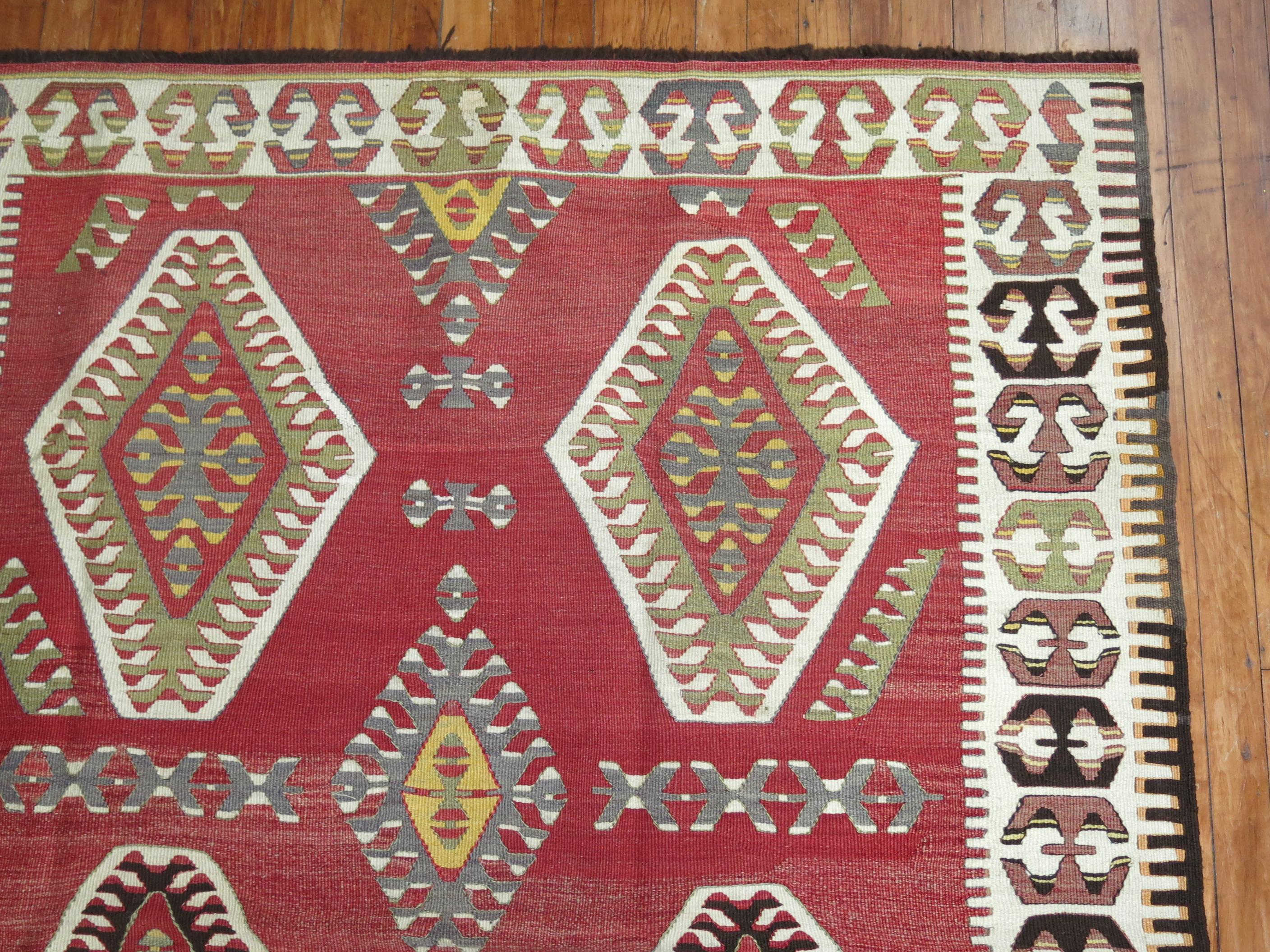 Tribal Red Turkish Gallery Kilim Runner In Good Condition For Sale In New York, NY