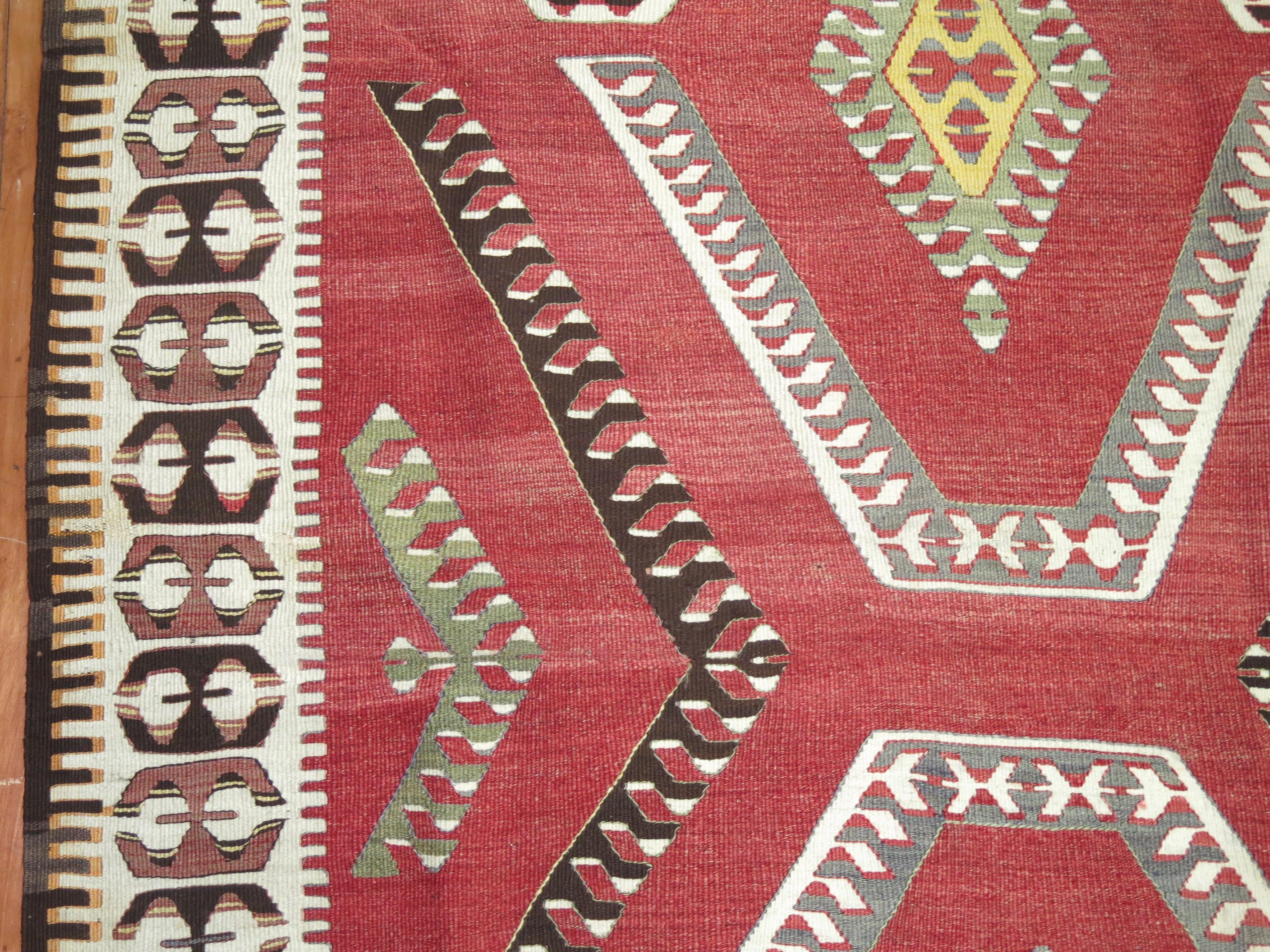 20th Century Tribal Red Turkish Gallery Kilim Runner For Sale
