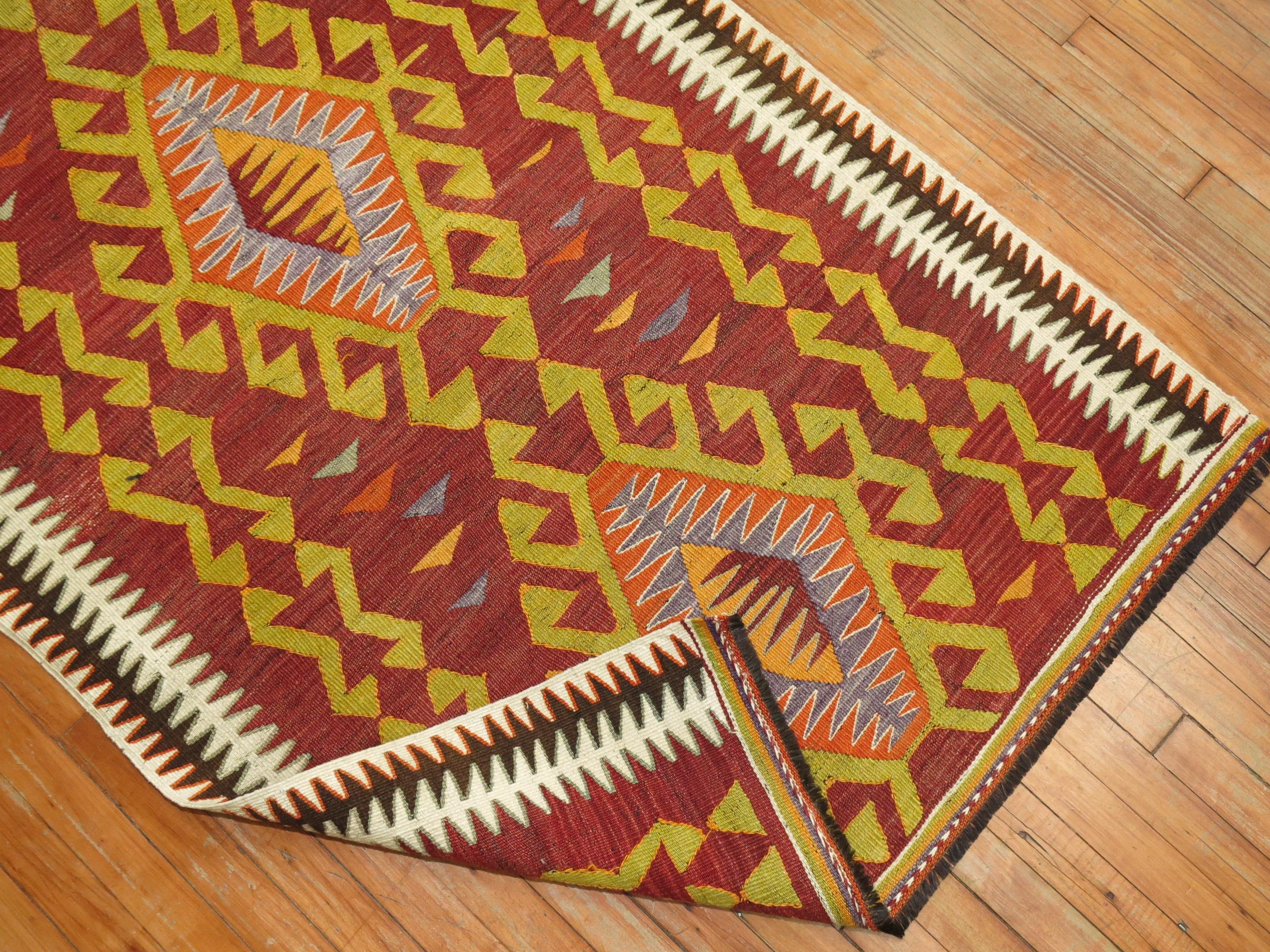 Navajo Zabihi Collection Tribal Red Turkish Kilim Runner For Sale