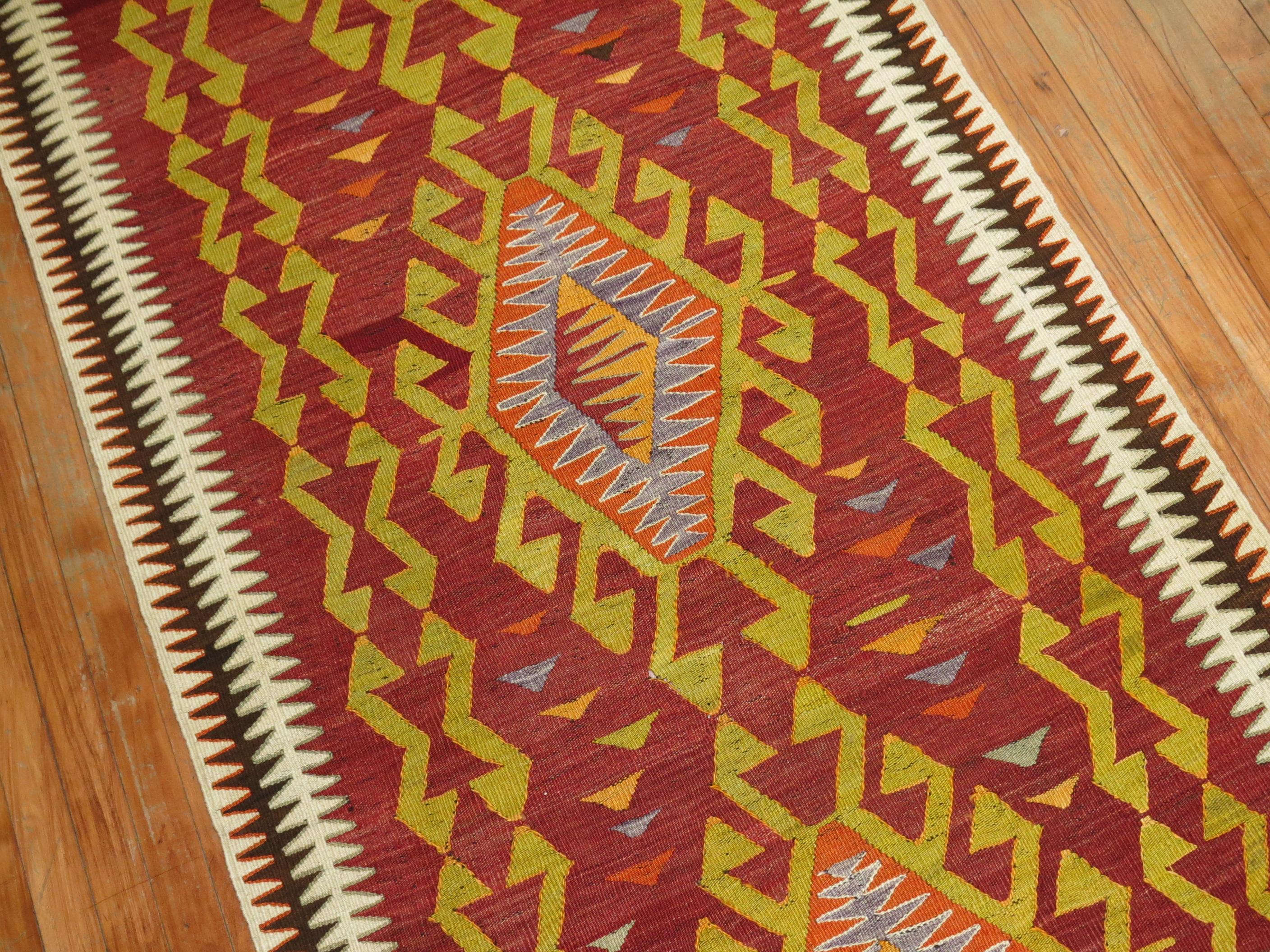 Hand-Knotted Zabihi Collection Tribal Red Turkish Kilim Runner For Sale