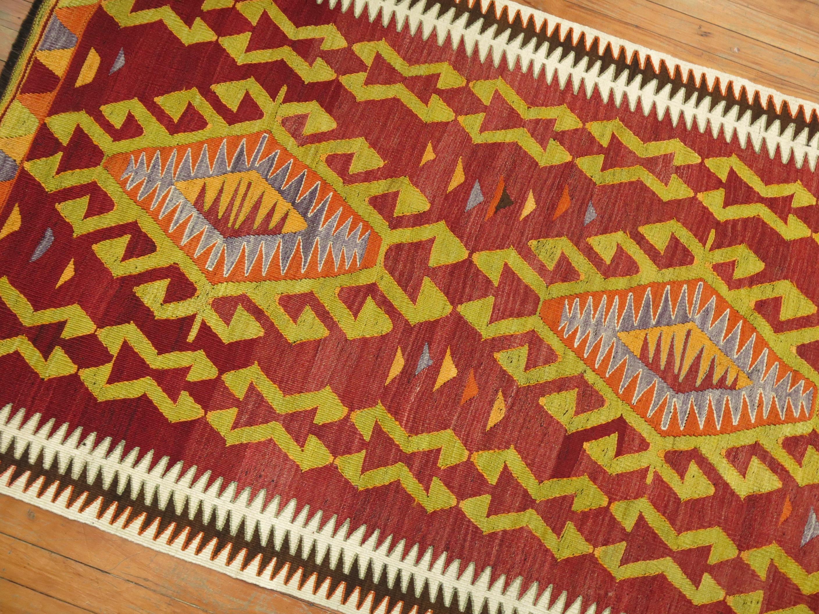 Zabihi Collection Tribal Red Turkish Kilim Runner In Good Condition For Sale In New York, NY