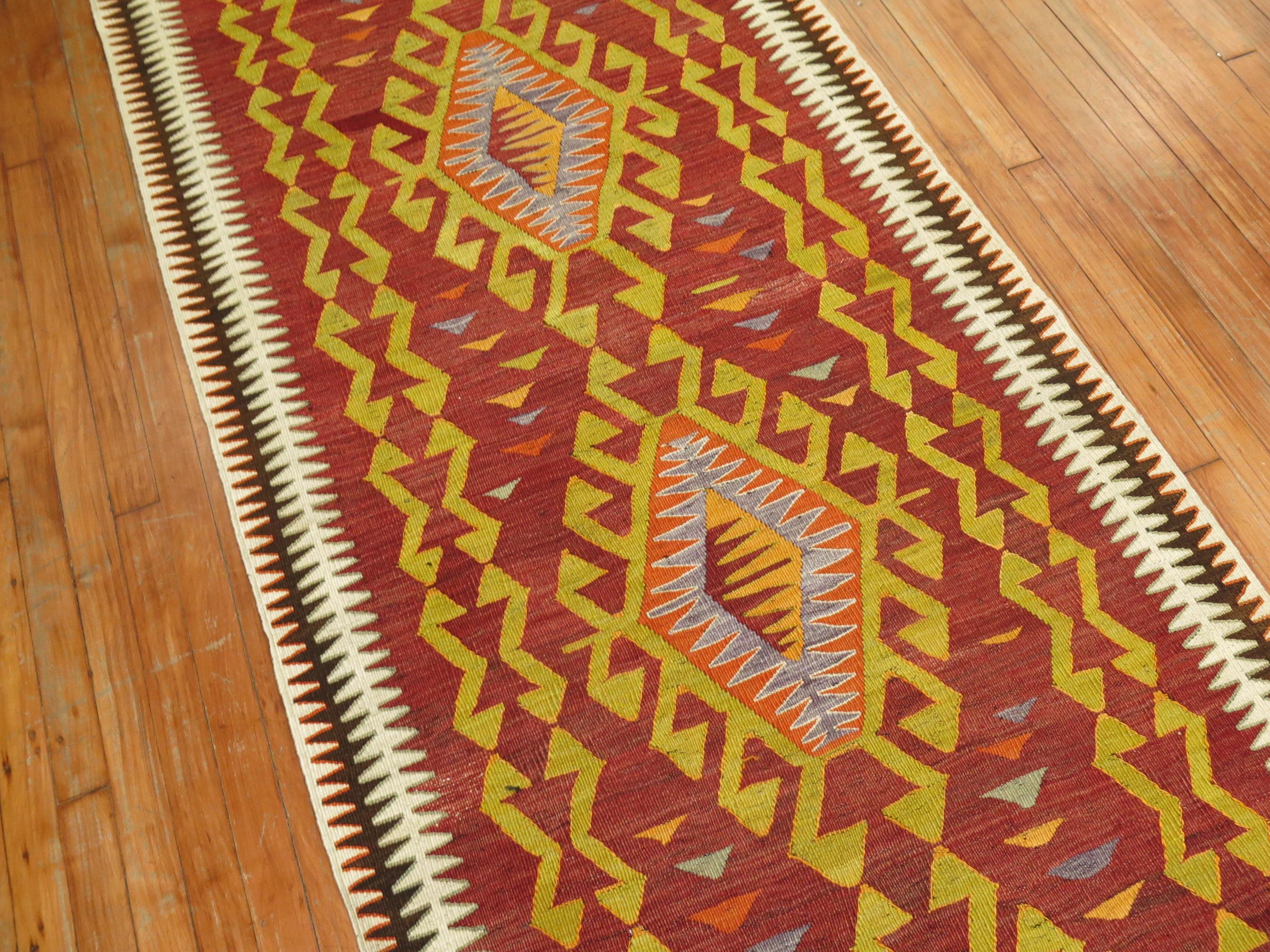 Wool Zabihi Collection Tribal Red Turkish Kilim Runner For Sale