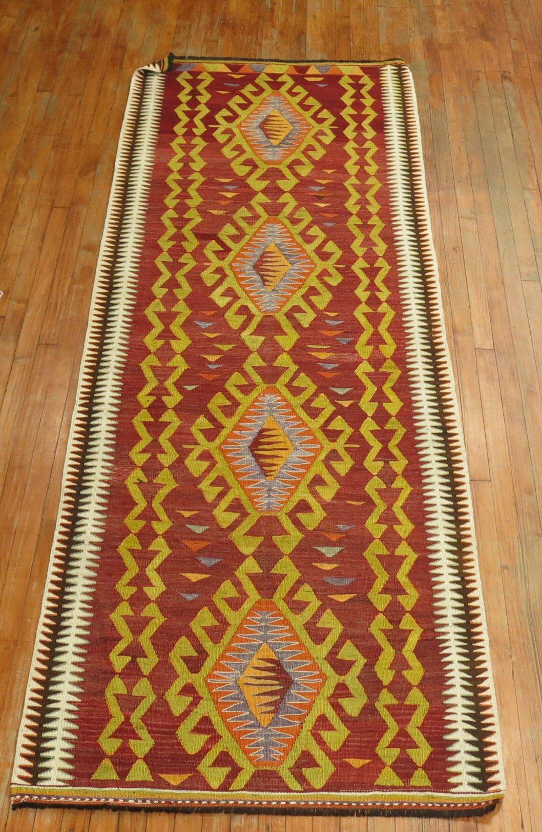 Zabihi Collection Tribal Red Turkish Kilim Runner For Sale 1