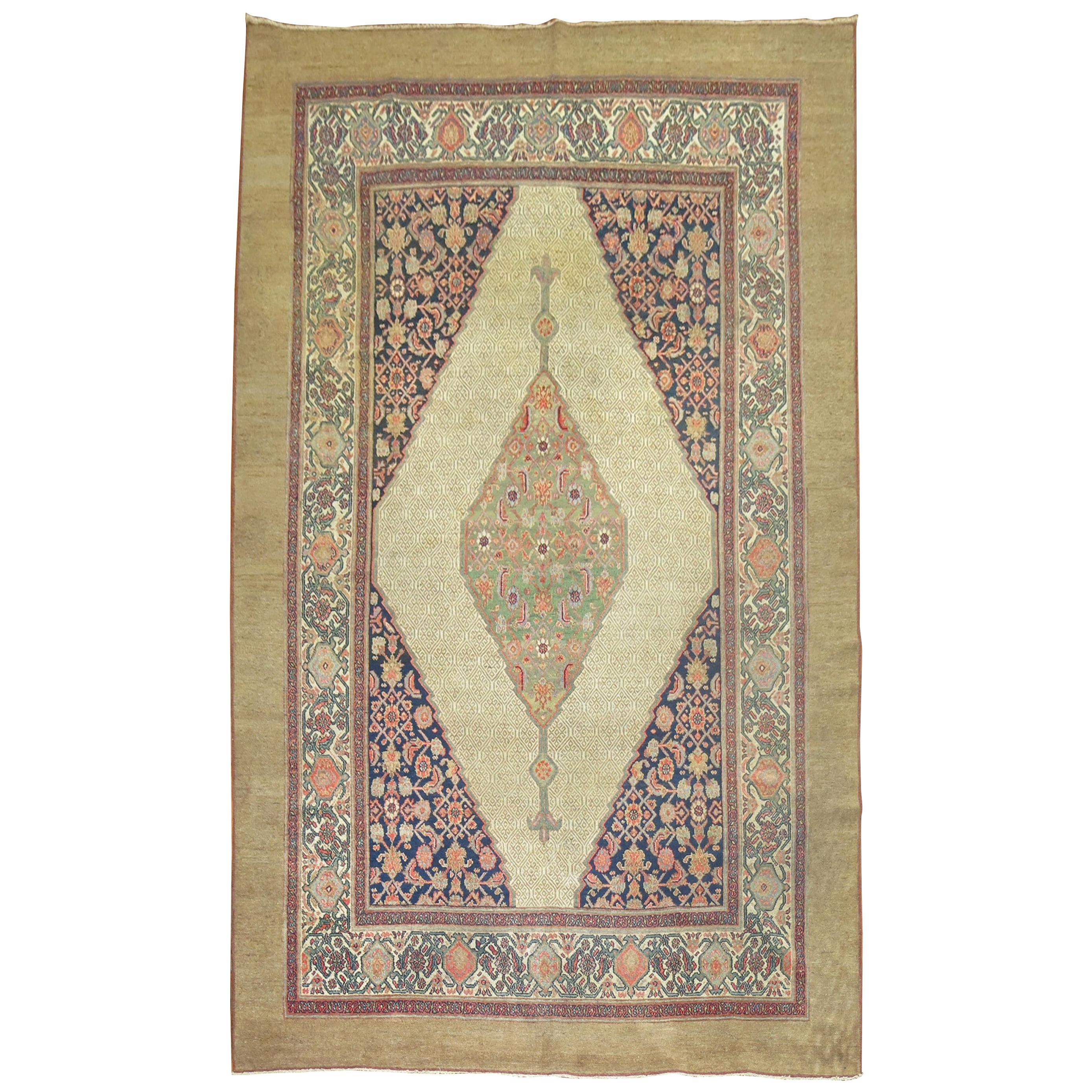 Tribal Room Size 19th Century Persian Camel Color Green Medallion Rug For Sale