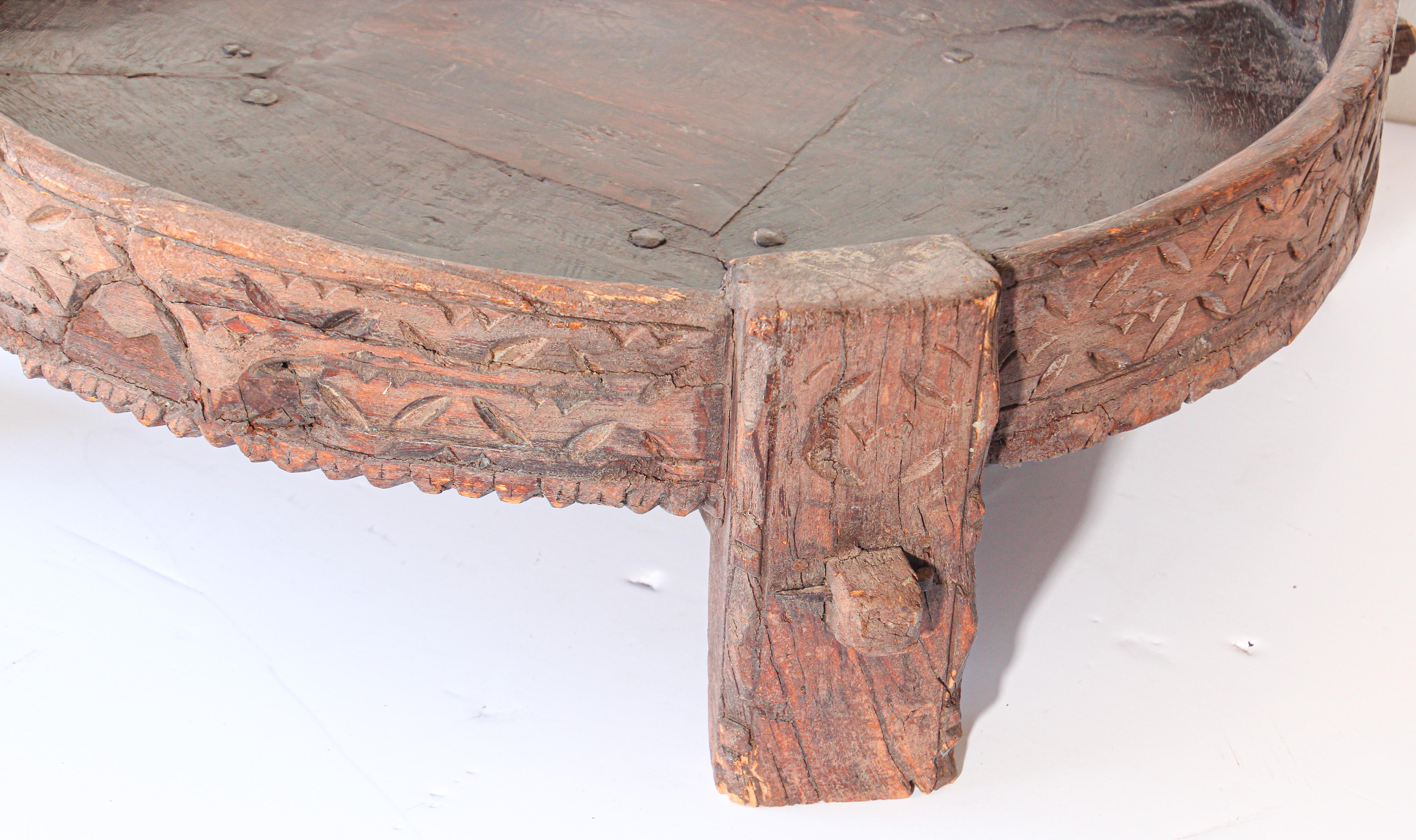 Tribal Round Low Coffee Teak Table In Distressed Condition In North Hollywood, CA