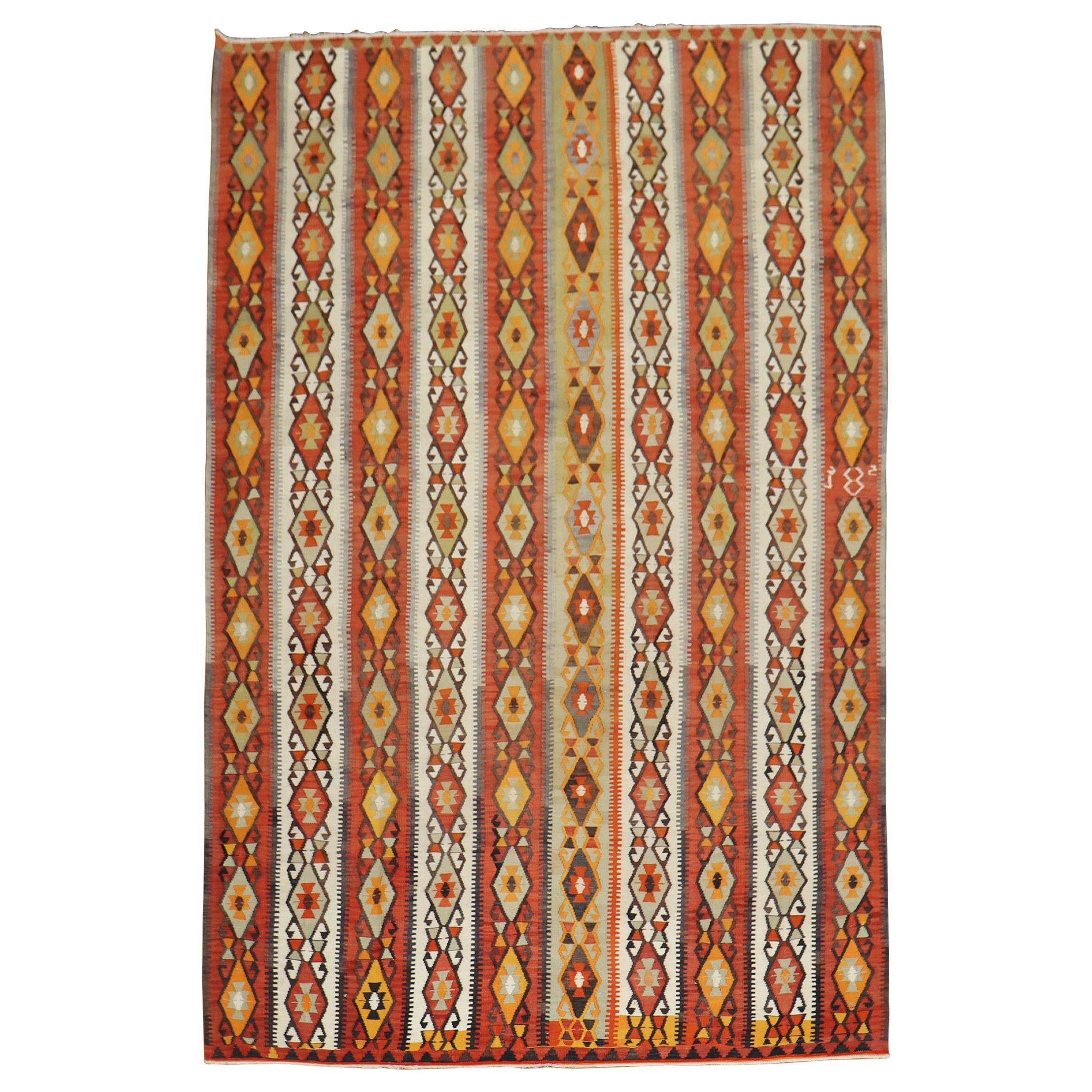 Tribal Rustic Room Size Turkish Kilim Flat-Weave For Sale