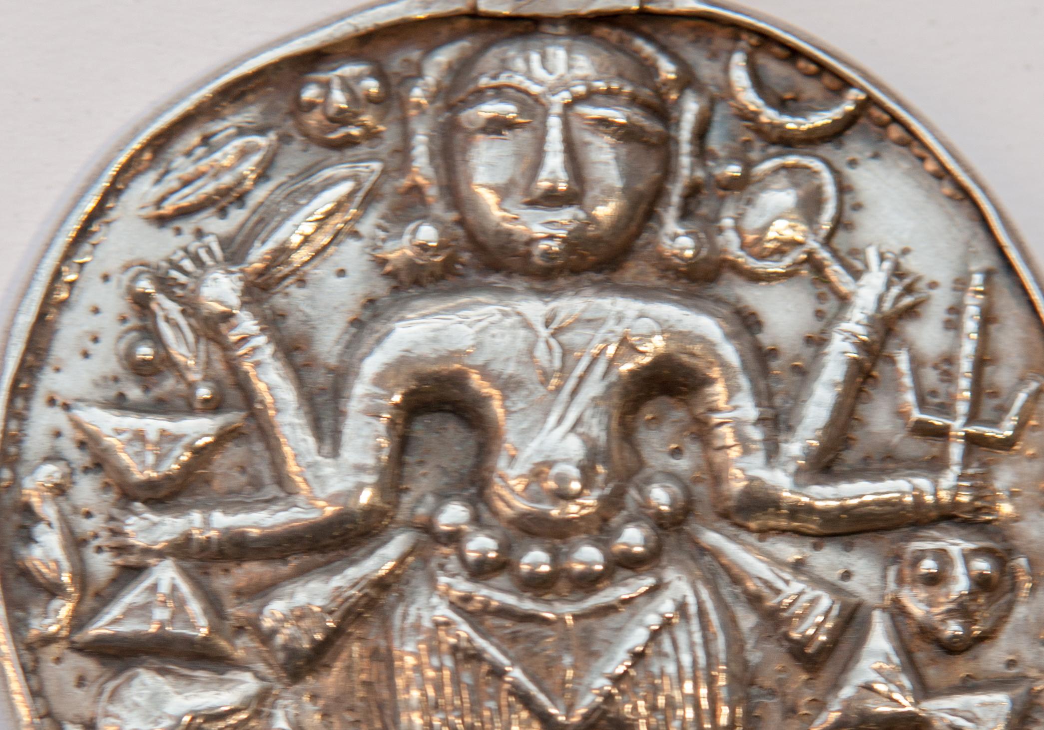 Tribal Silver Pendant from India Depicting Kali, Repousse Work, Mid-20th Century In Good Condition In Point Richmond, CA