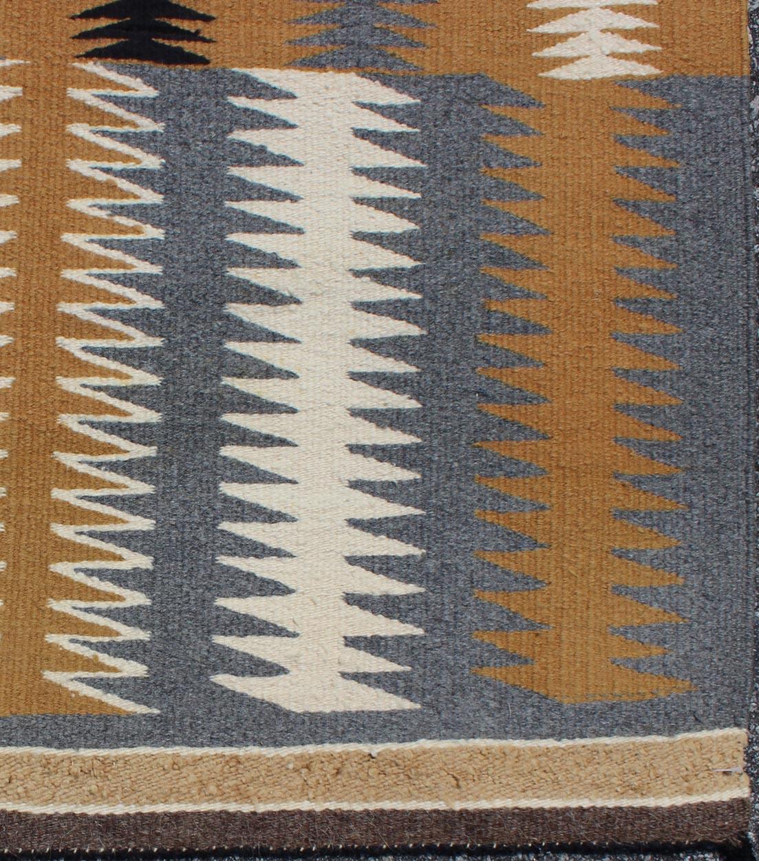 Hand-Woven Tribal Small Vintage Navajo Kilim with Gold, Gray, Ivory, and Black For Sale